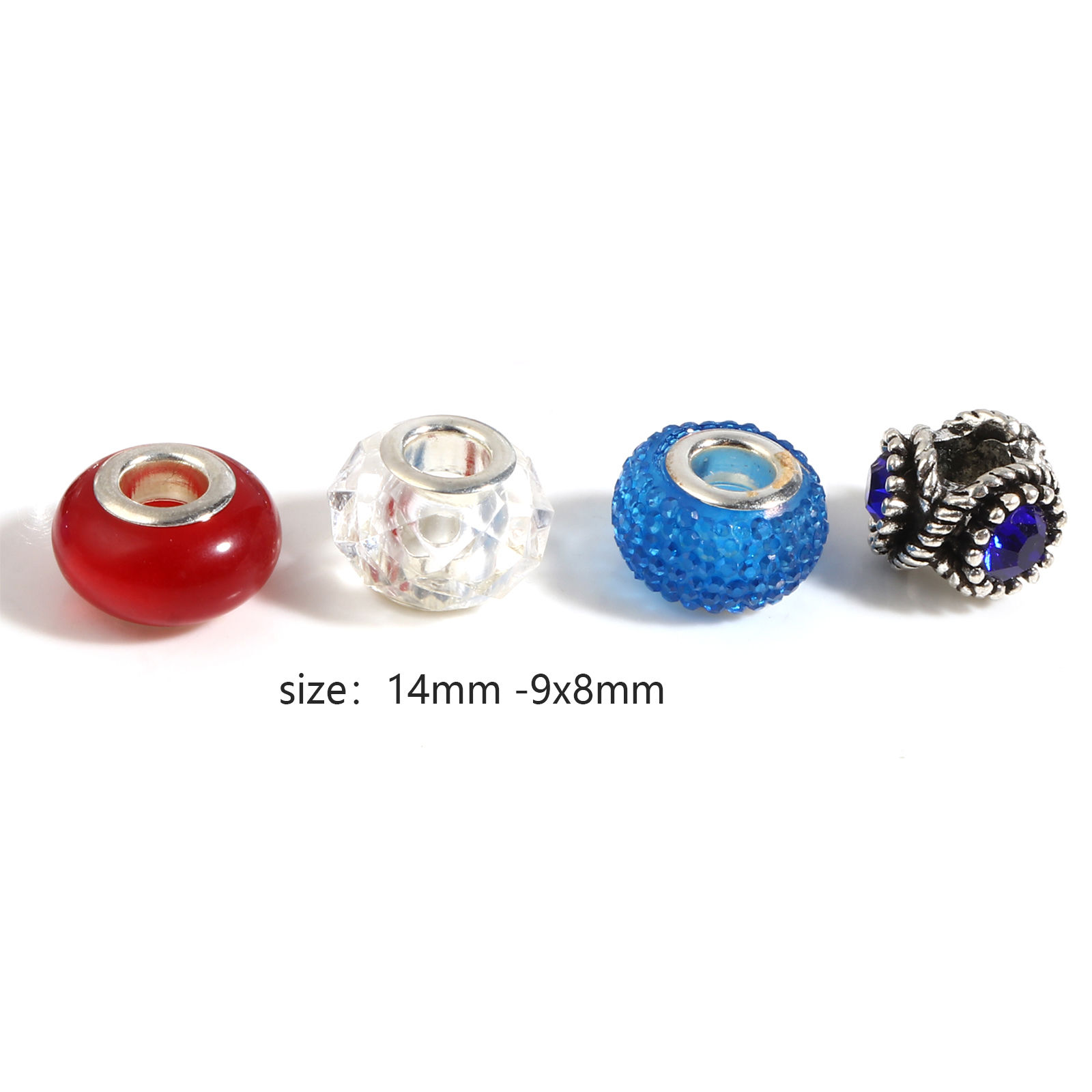 Picture of Zinc Based Alloy & Acrylic Large Hole Charm Beads Silver Tone Multicolor Round At Random 14mm Dia., 9mm x 8mm, Hole: Approx 5.1mm - 4.5mm, 1 Set
