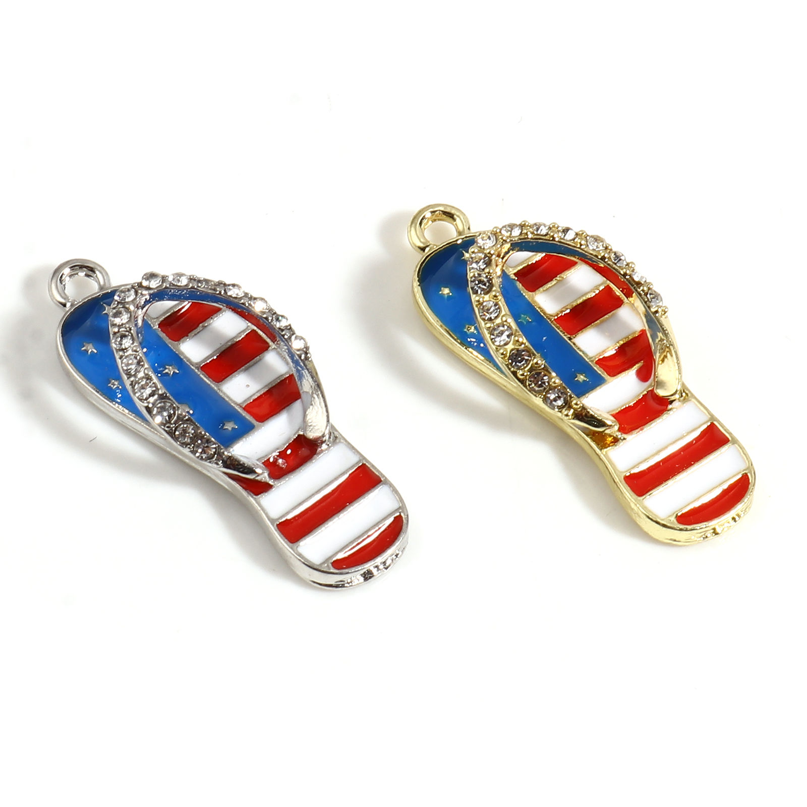 Picture of Zinc Based Alloy Sport Pendants Flip Flops Slipper Silver Tone Red & Blue Flag Of The United States Clear Rhinestone 33mm x 12mm, 5 PCs