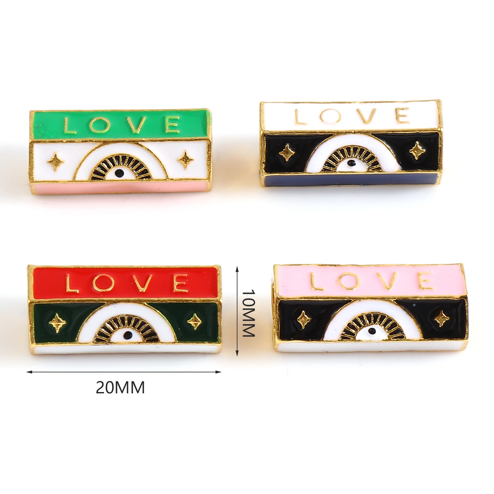 Picture of Zinc Based Alloy Religious Large Hole Charm Beads Gold Plated Multicolor Hexagonal Prism Evil Eye Message " LOVE " Enamel 20mm x 10mm, Hole: Approx 5.5mm, 1 Piece