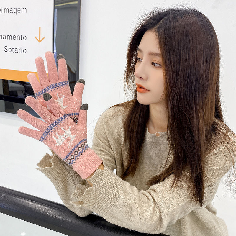 Bild von Grau - 6# Touchscreen Polyester Faser Stricken verdickt flauschige Hirsch warme Handschuhe für Frauen Mädchen, 1 Paar