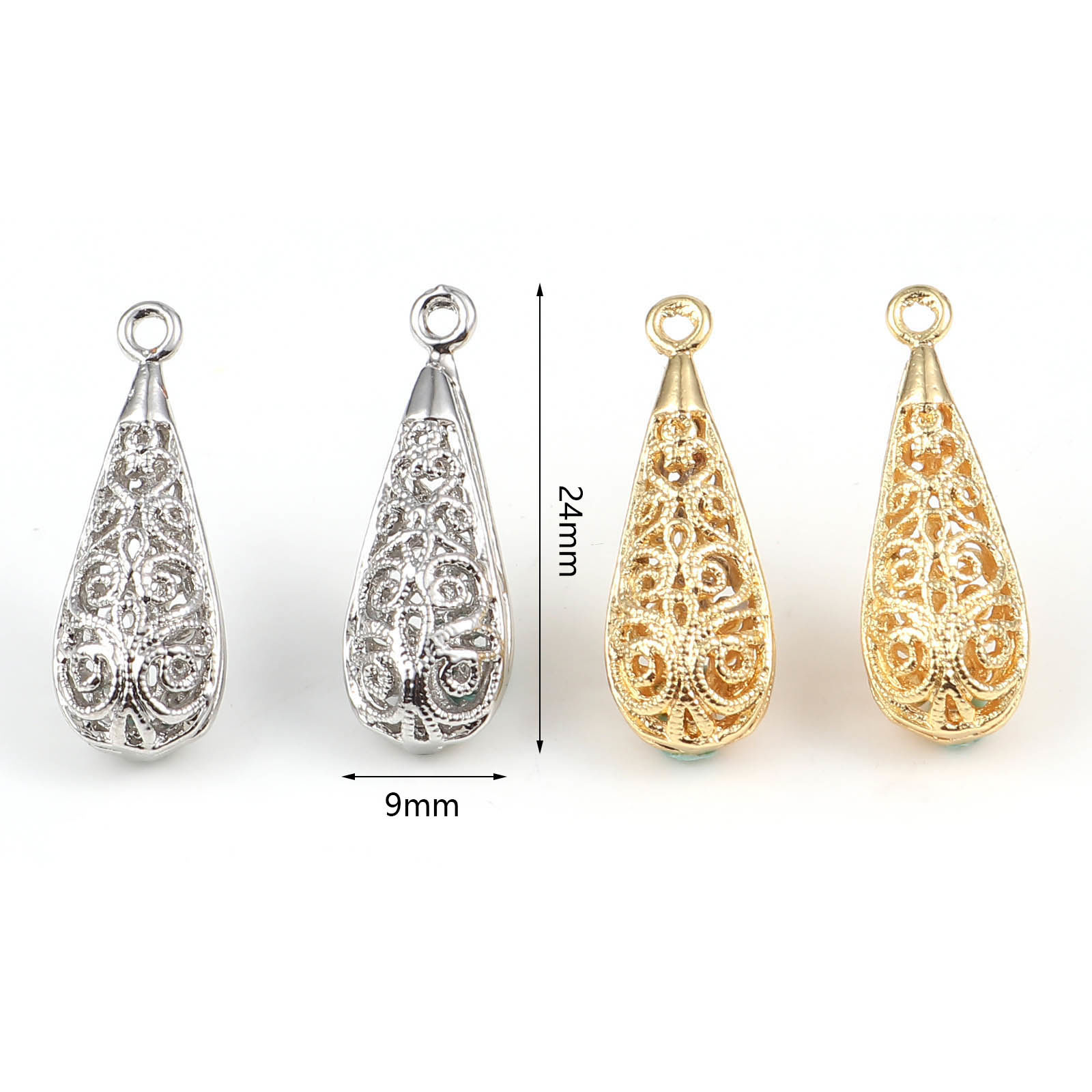Picture of Copper Charms Drop 18K Real Platinum Plated Filigree 24mm x 9mm, 2 PCs