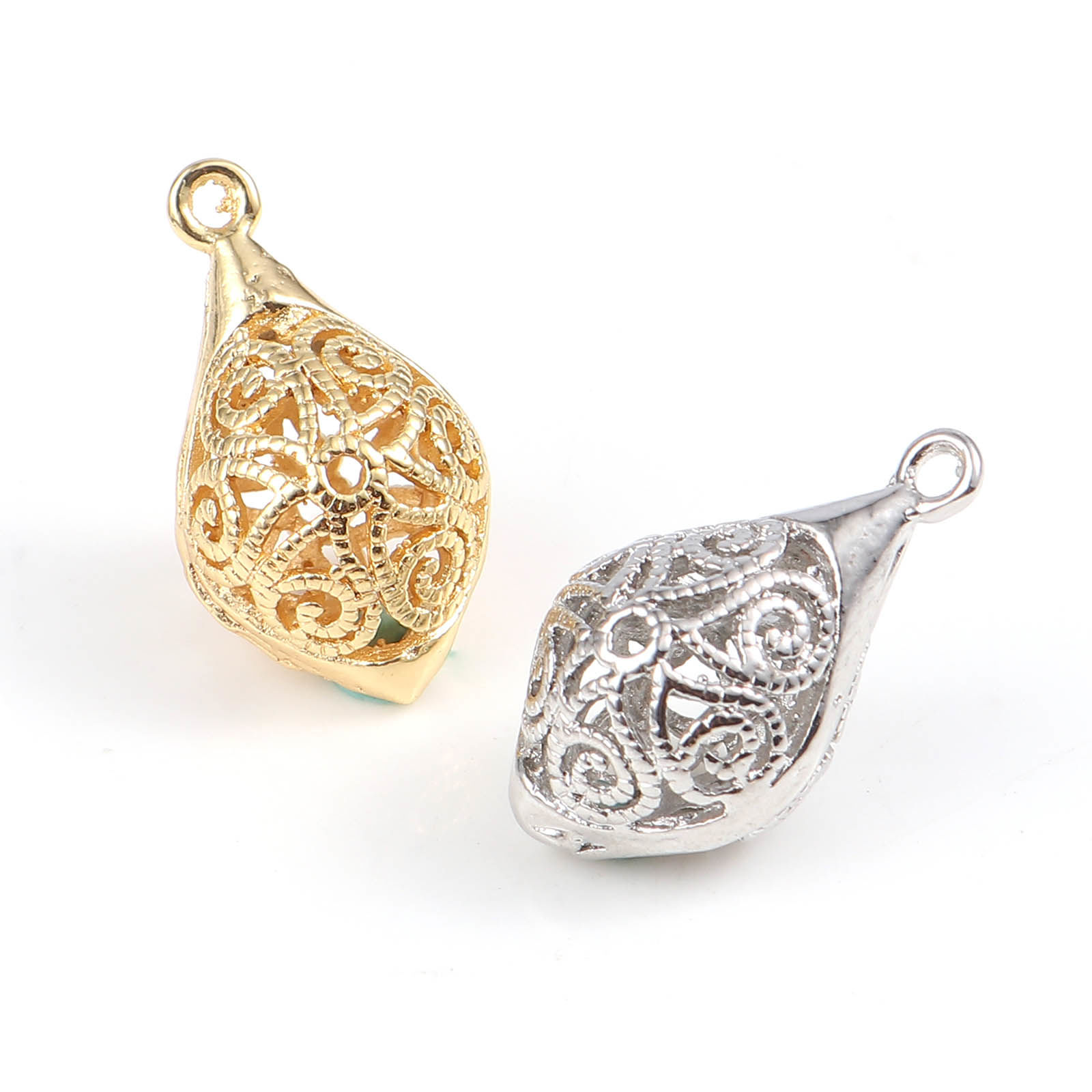 Immagine di Rame Charms Olive 18K Platino Placcato Filigrana 23mm x 13mm, 2 Pz