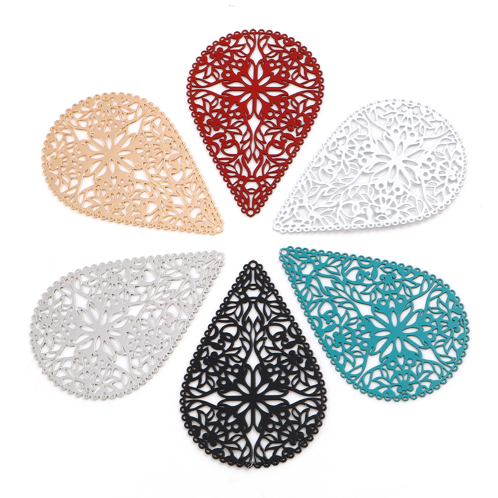Bild von Eisenlegierung Filigran Stempel Verzierung Anhänger Tropfen Bunt Filigran Spritzlackierung 40mm x 27mm, 10 Stück