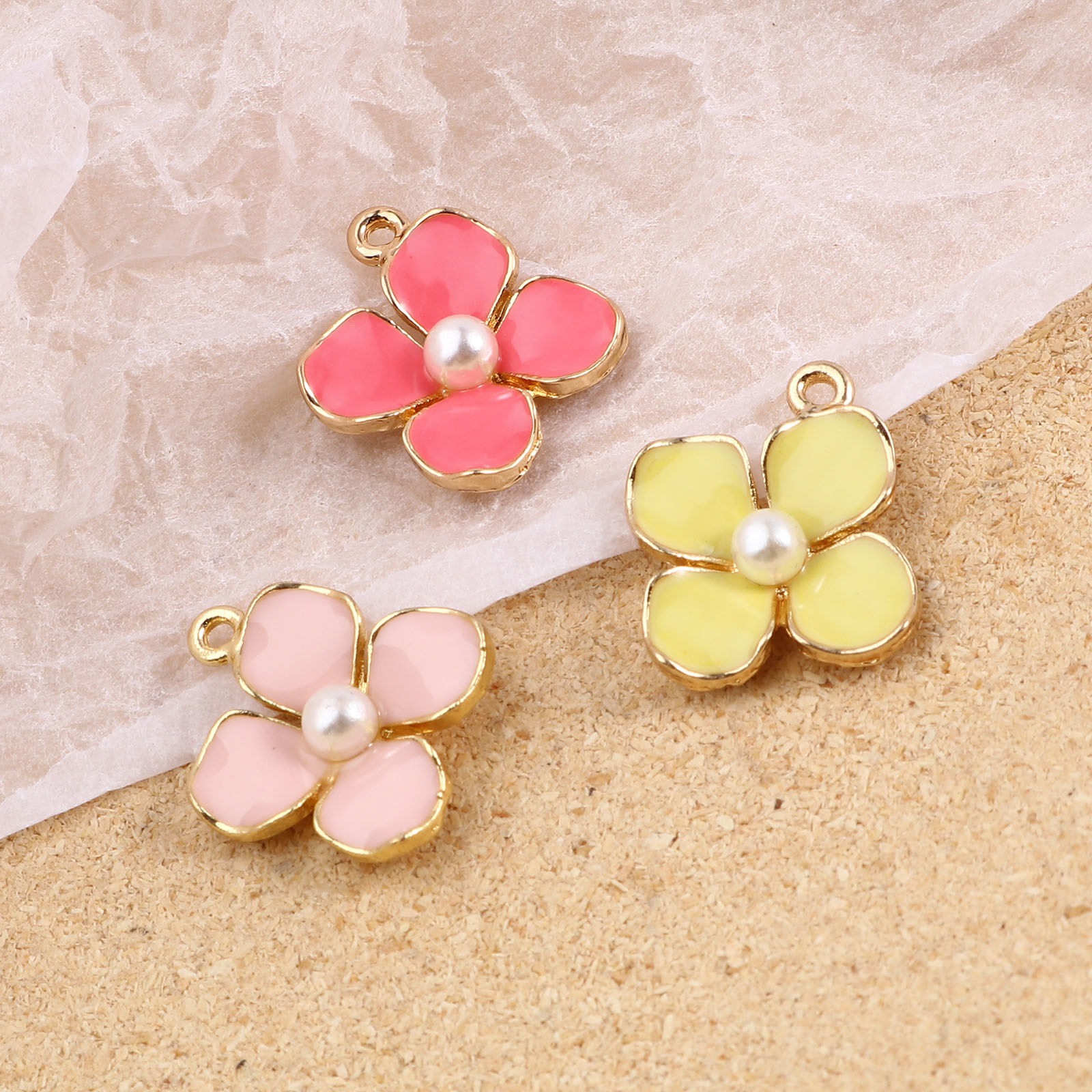 Picture of Zinc Based Alloy & Acrylic Charms Flower Gold Plated Multicolor Imitation Pearl 17mm x 14mm, 10 PCs