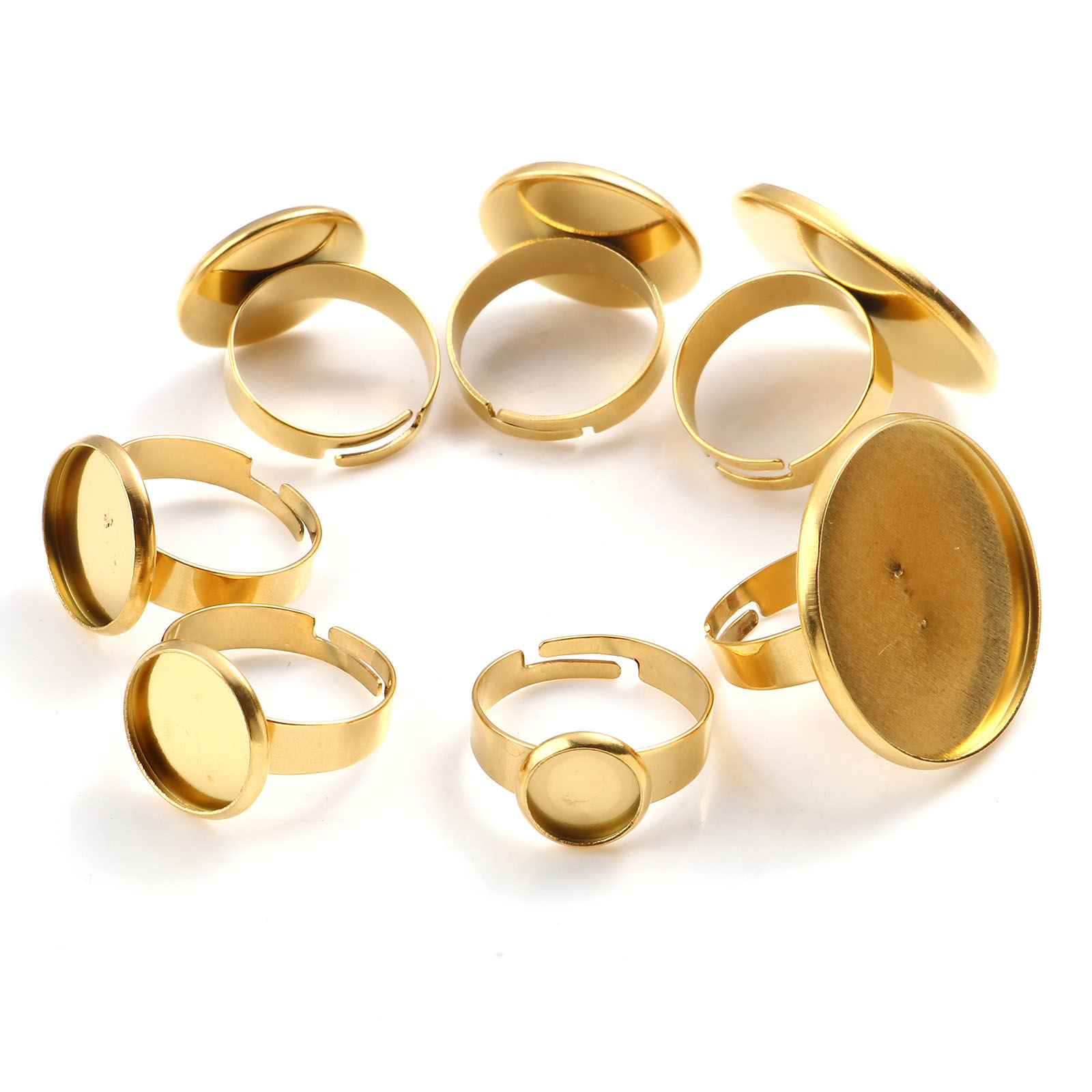 Bild von Edelstahl Offen Verstellbar Ring Vergoldet Rund Cabochon Fassung 17.3mm（US Größe:7), 1 Stück