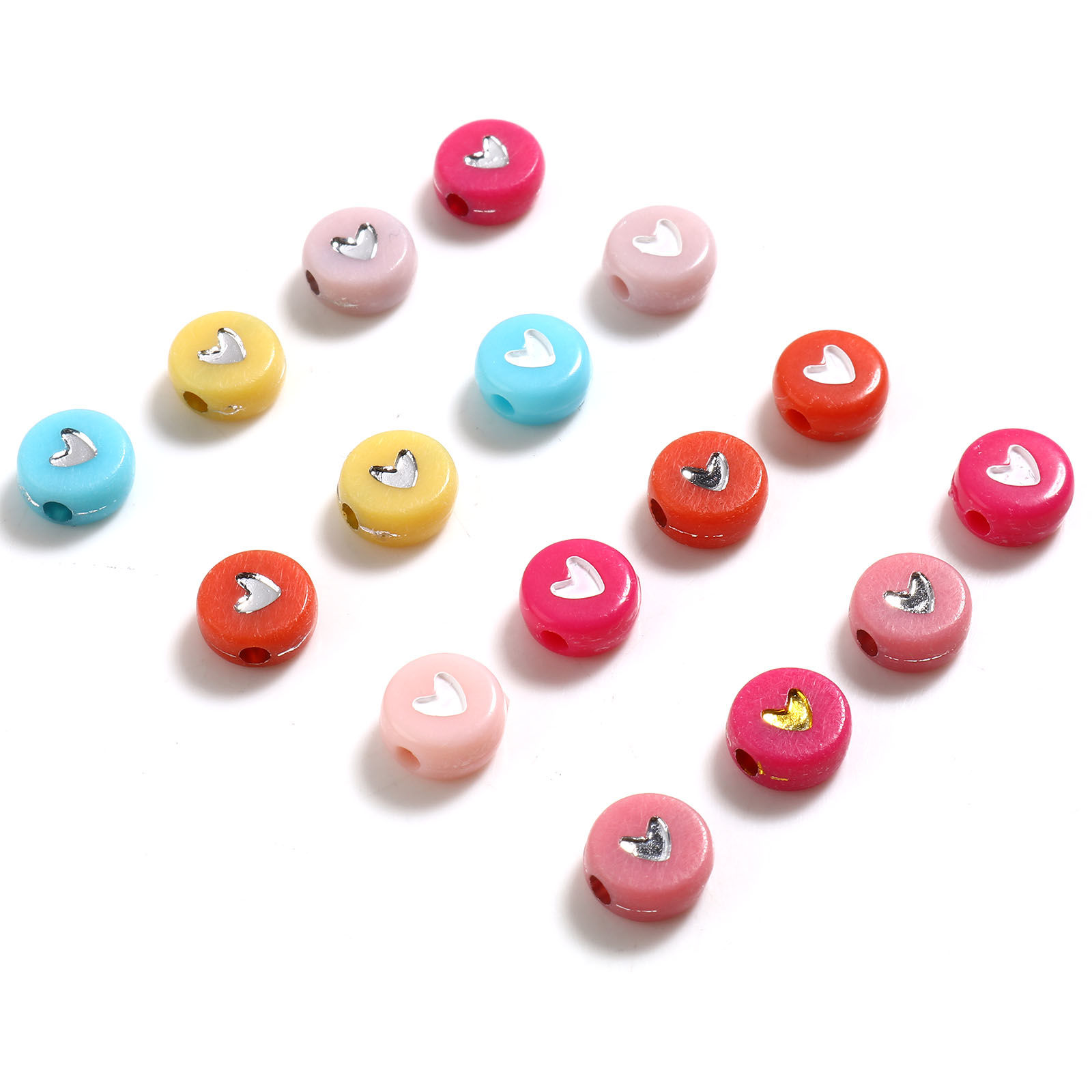 Picture of Acrylic Valentine's Day Beads Flat Round Multicolor Heart Pattern About 7mm Dia., Hole: Approx 1.8mm, 500 PCs