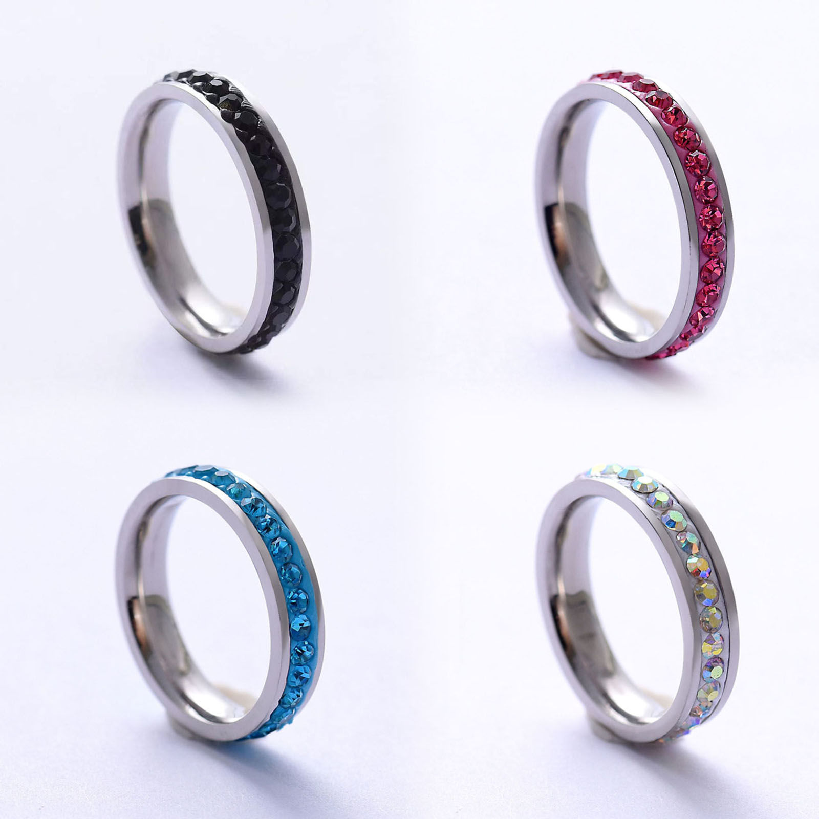 Picture of 201 Stainless Steel Micro Pave Unadjustable Rings Silver Tone Multicolor Rhinestone