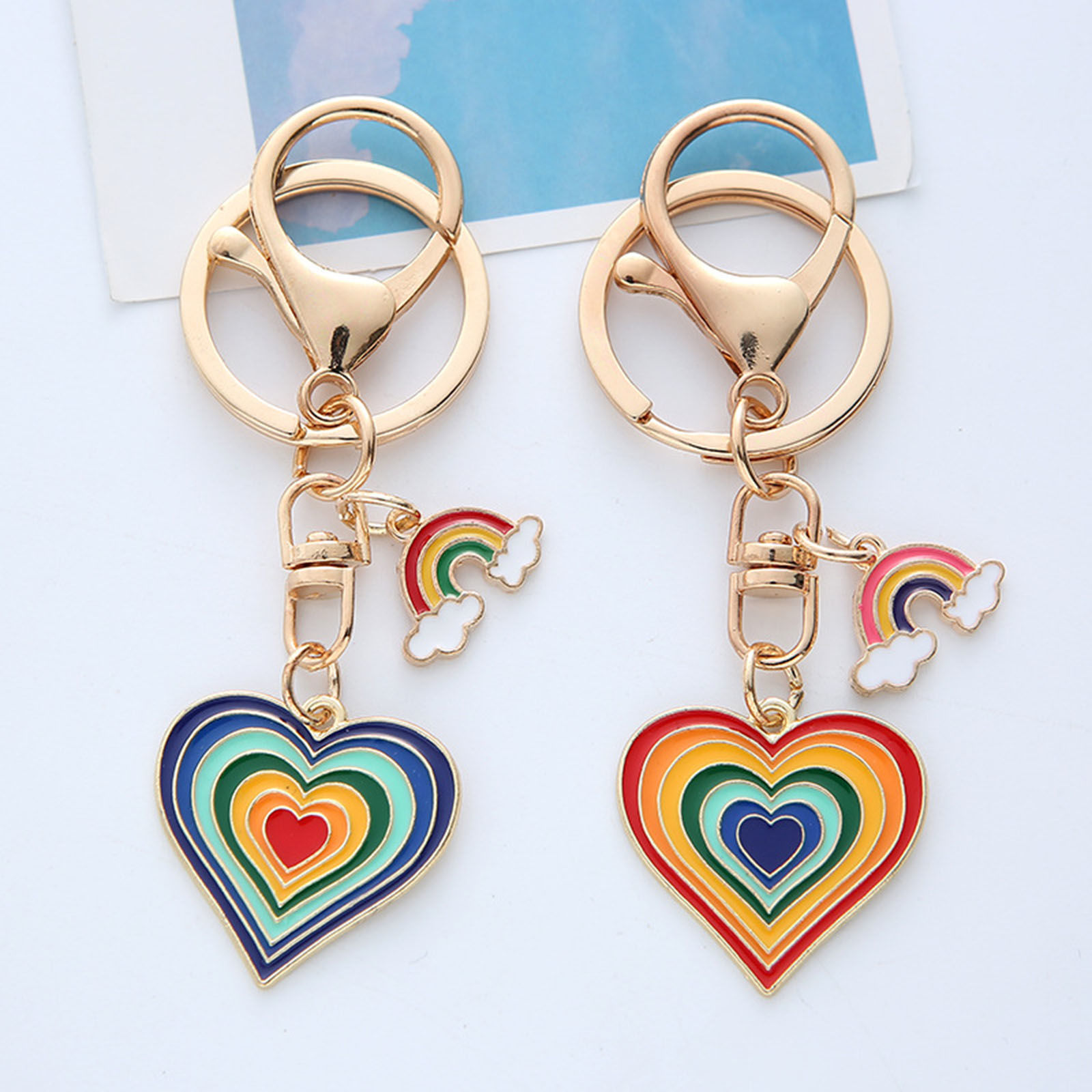Picture of Enamel Keychain & Keyring Gold Plated Heart Rainbow