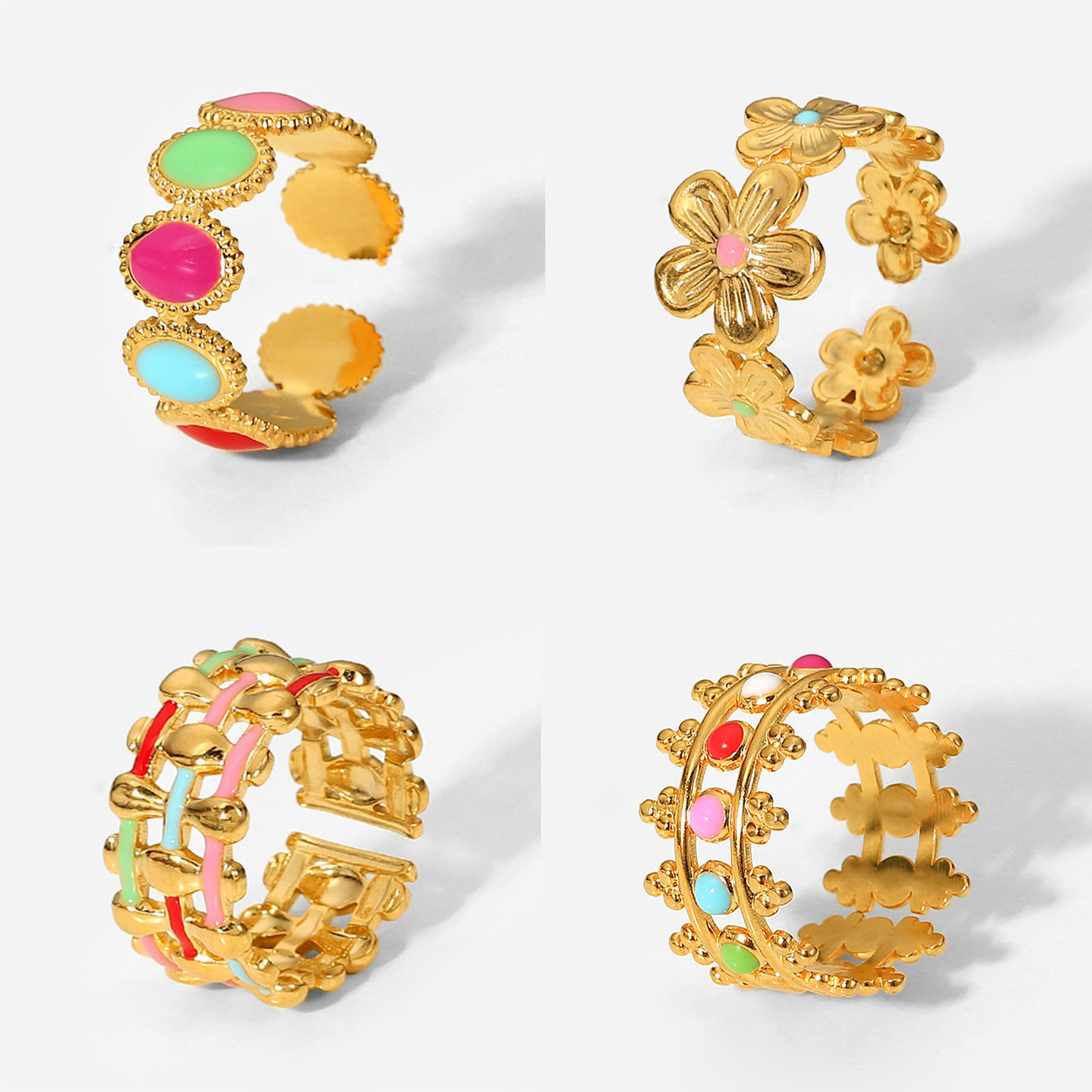 Picture of Stainless Steel Open Adjustable Rings Gold Plated Multicolor Enamel