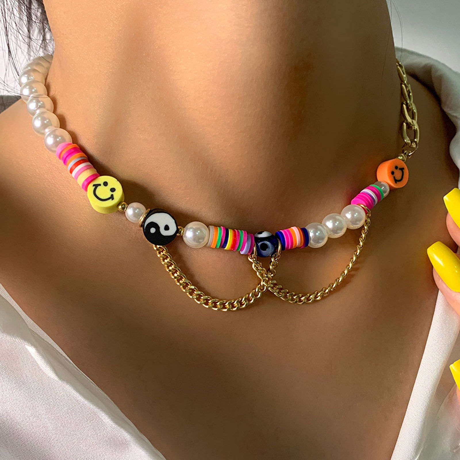 Picture of Acrylic Boho Chic Bohemia Beaded Necklace Multicolor Smile Imitation Pearl