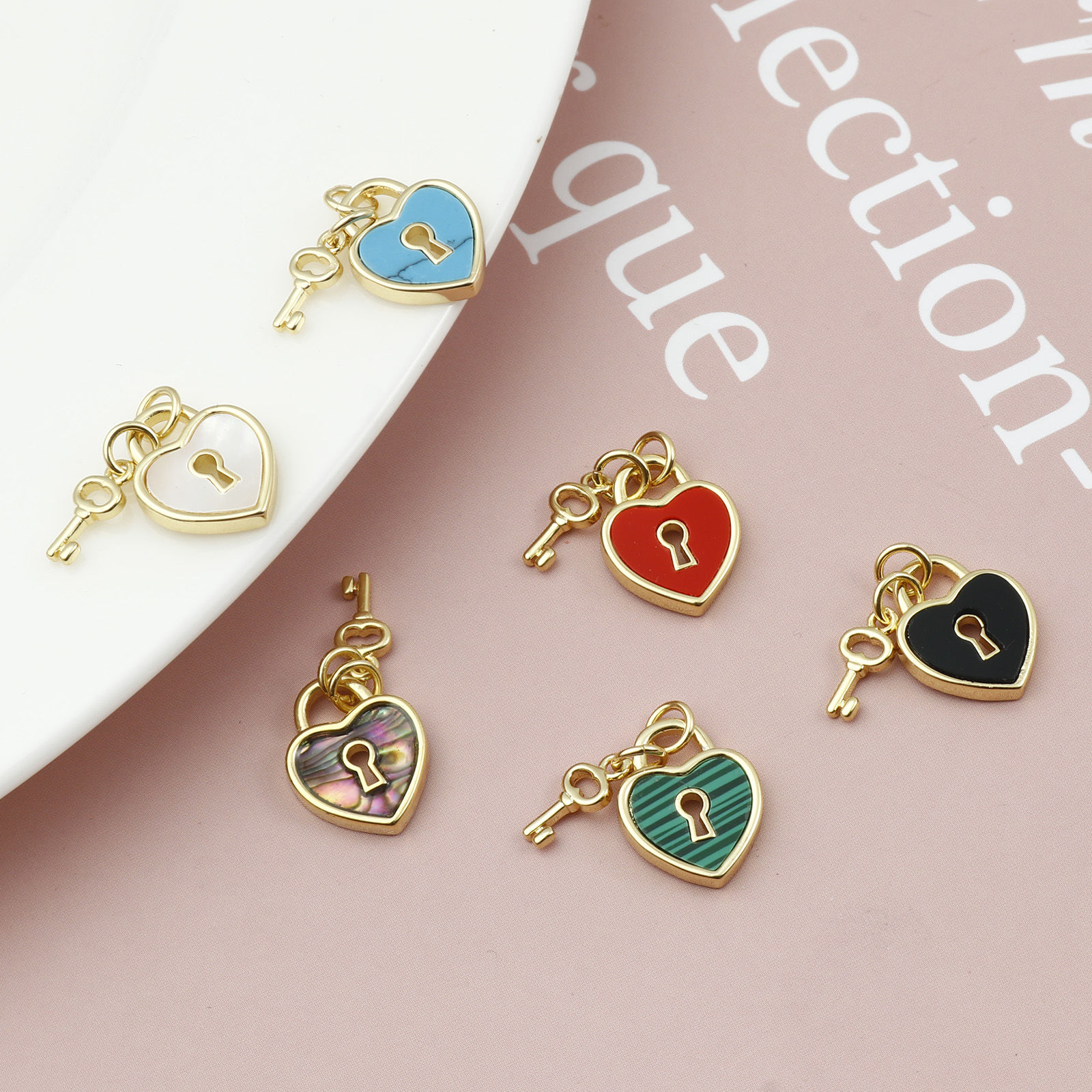 Image de Copper Valentine's Day Charms Gold Plated Multicolor Heart Lock With Synthetic Gemstone Cabochons 18mm x 12mm, 1 Piece