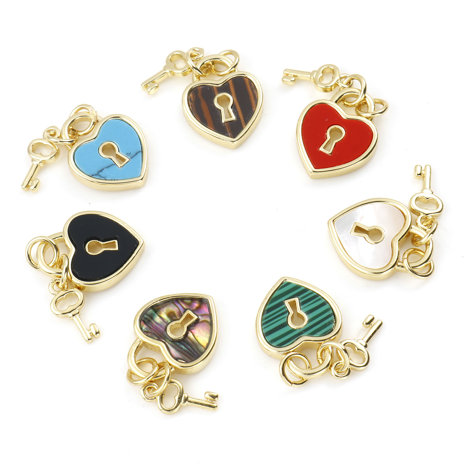 Image de Copper Valentine's Day Charms Gold Plated Multicolor Heart Lock With Synthetic Gemstone Cabochons 18mm x 12mm, 1 Piece