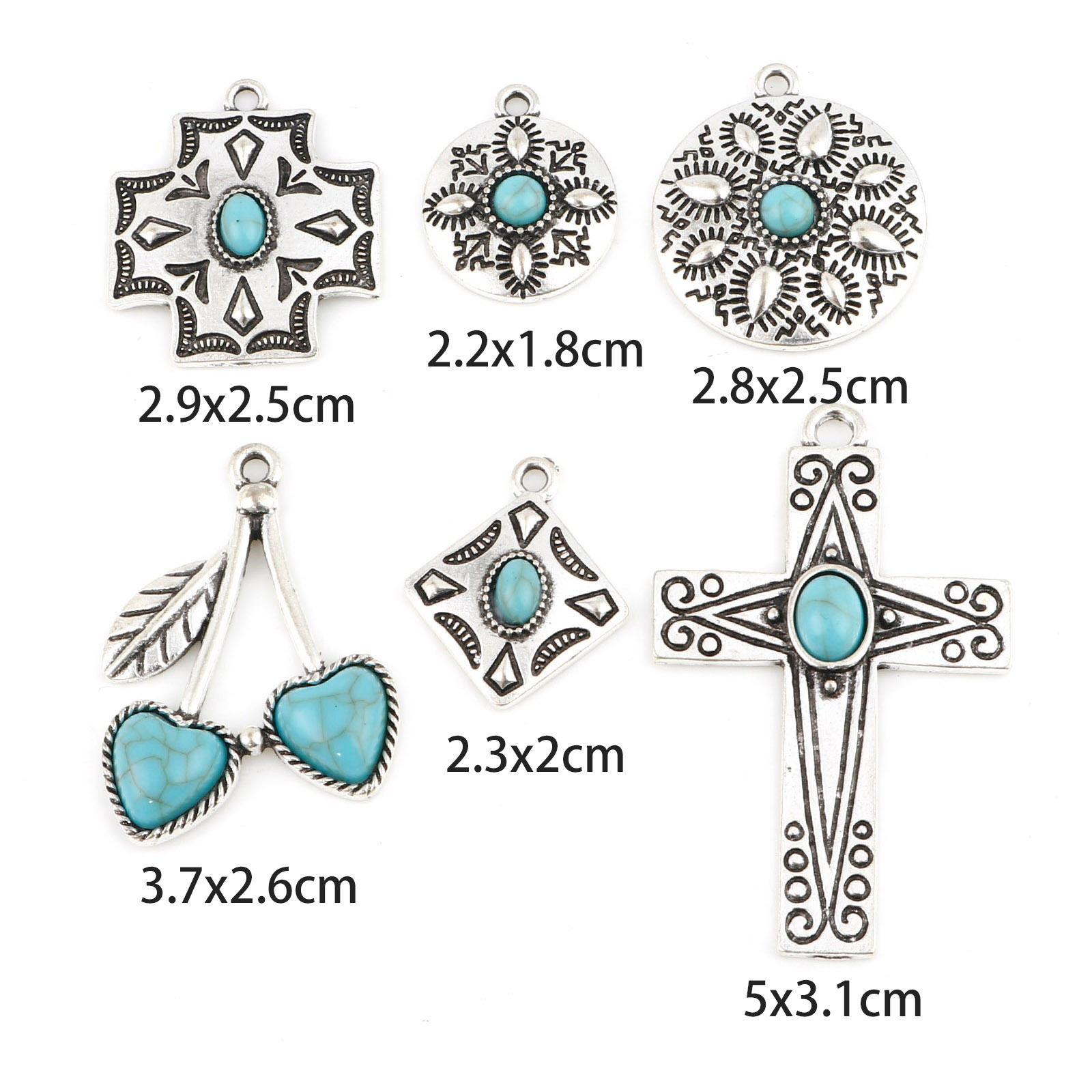 Picture of Zinc Based Alloy Boho Chic Bohemia Charms Cross Antique Silver Color Blue With Resin Cabochons Imitation Turquoise 5 PCs