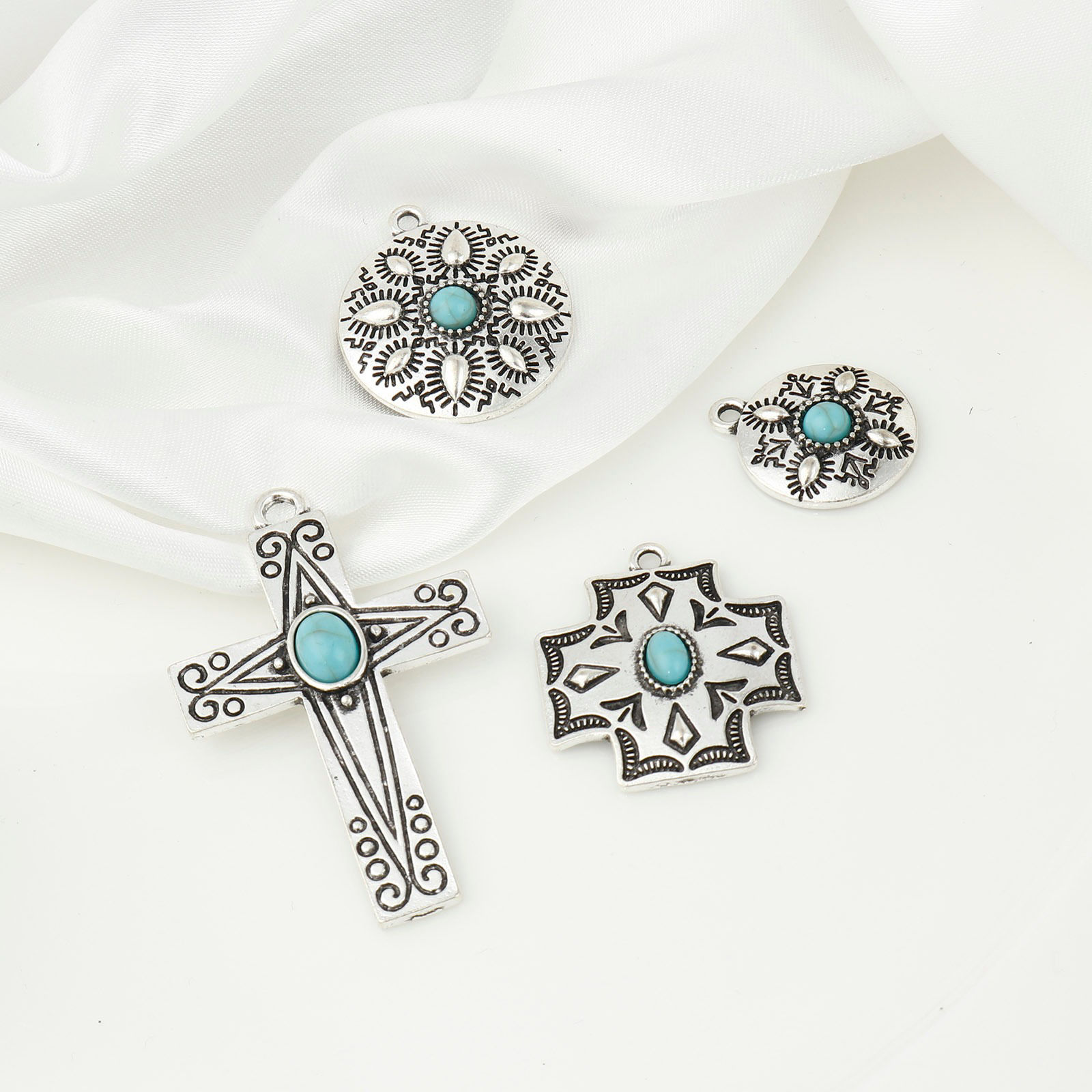 Picture of Zinc Based Alloy Boho Chic Bohemia Charms Cross Antique Silver Color Blue With Resin Cabochons Imitation Turquoise 5 PCs