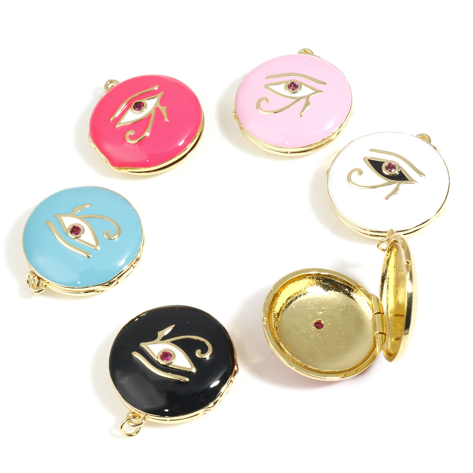 Picture of Copper Religious Picture Photo Locket Frame Pendents Gold Plated Multicolor Round The Eye Of Horus Enamel Red Rhinestone 1 Piece