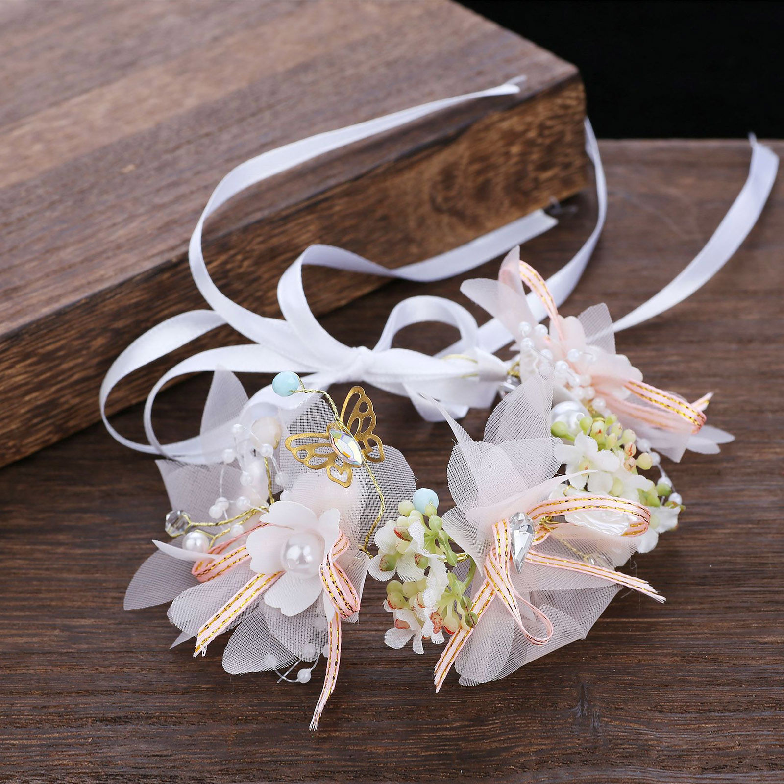 Immagine di Plastic Wedding Garland Headdress Flower Vine Crown Tiaras With Adjustable Ribbon Multicolor Flower Grass Imitation Pearl 1 Piece