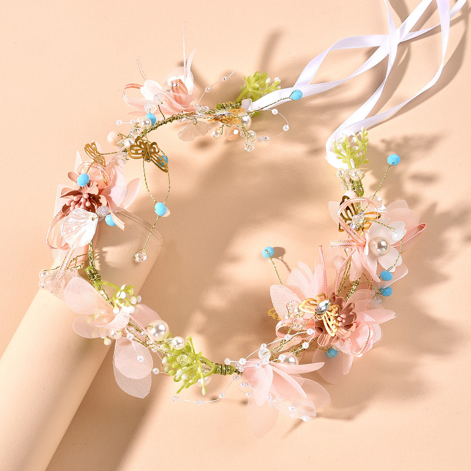 Immagine di Plastic Wedding Garland Headdress Flower Vine Crown Tiaras With Adjustable Ribbon Multicolor Flower Grass Imitation Pearl 1 Piece