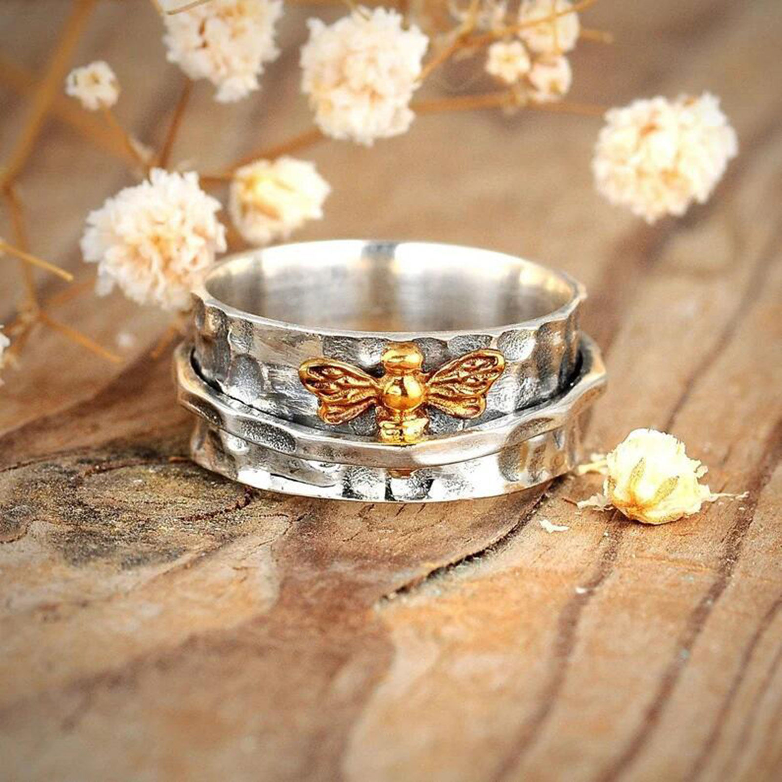 Picture of Stress Relieving Anxiety Fidget Spinner Unadjustable Rings Antique Silver Color Rotatable Round Bee