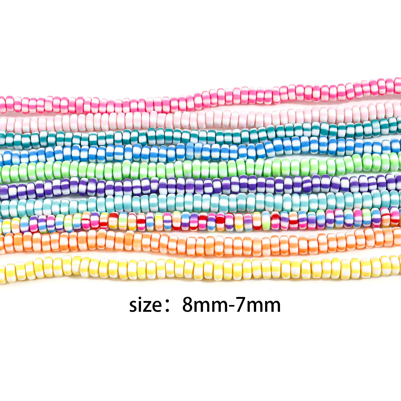 Picture of Polymer Clay Beads Flat Round Multicolor Stripe Pattern About 8mm Dia, Hole: Approx 1.5mm, 39.5cm(15 4/8") long, 2 Strands (Approx 110 PCs/Strand)