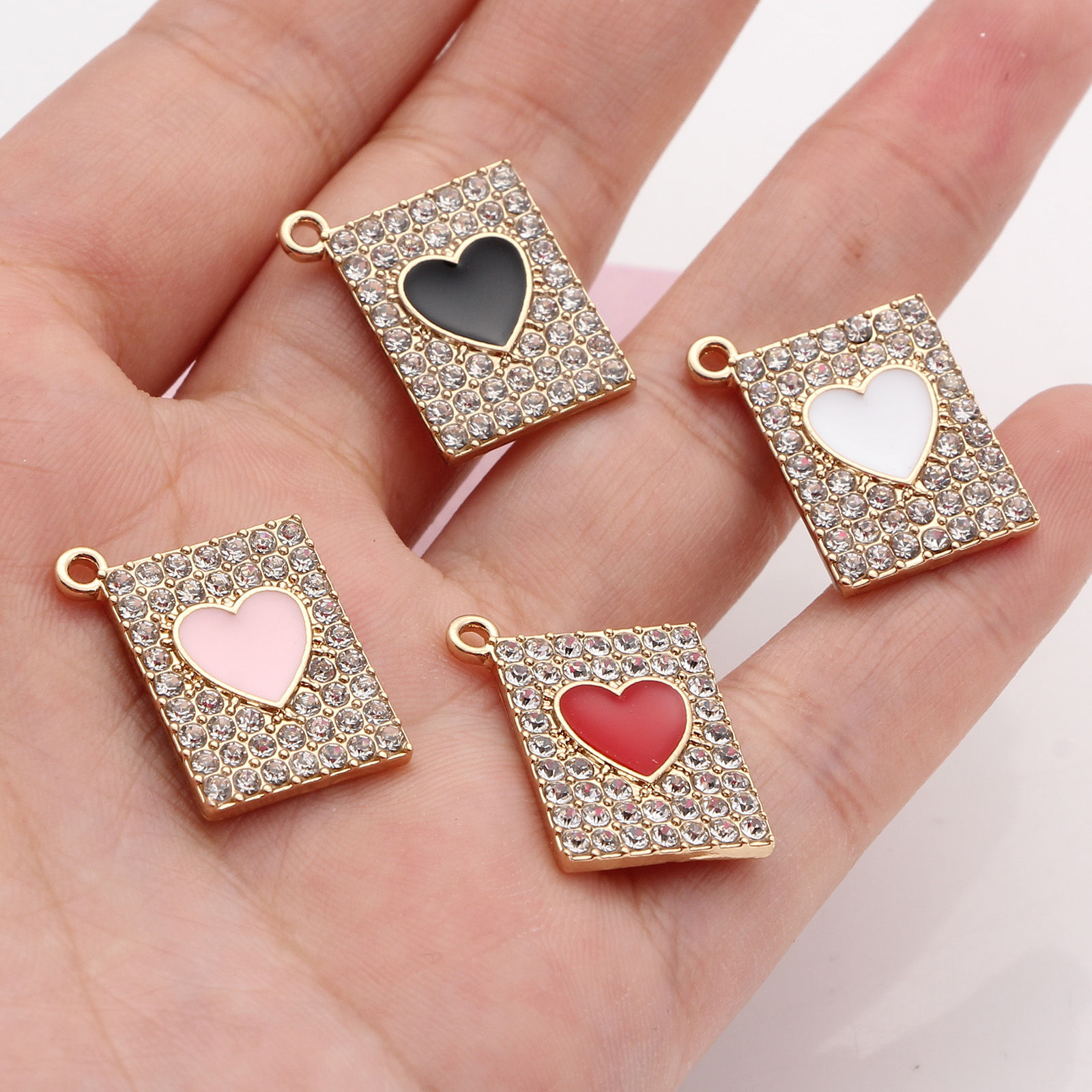 Image de Zinc Based Alloy Valentine's Day Charms Rectangle Gold Plated Heart Enamel Clear Rhinestone 20mm x 16mm, 5 PCs