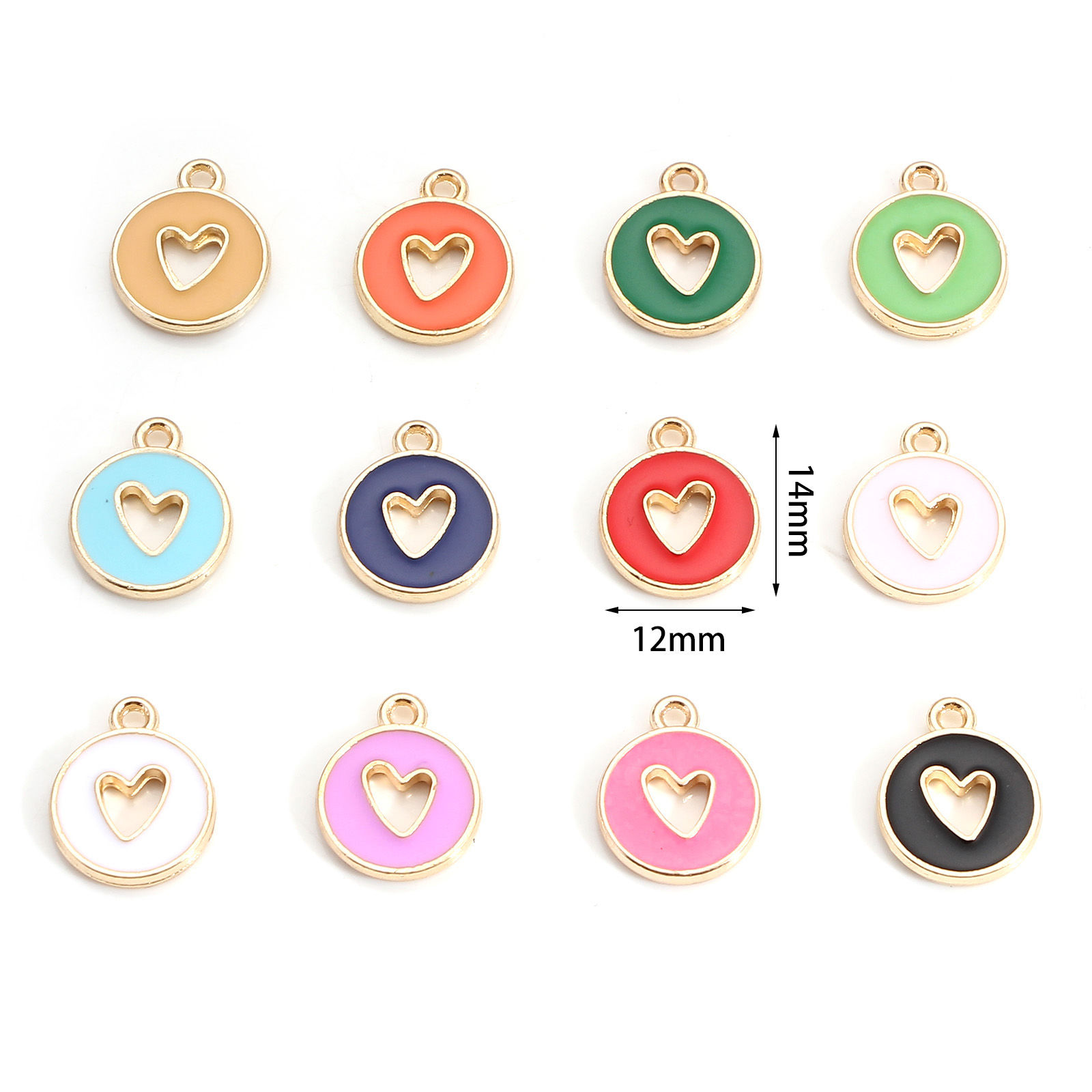 Picture of Zinc Based Alloy Valentine's Day Charms Round Gold Plated Multicolor Heart Enamel 14mm x 12mm, 10 PCs