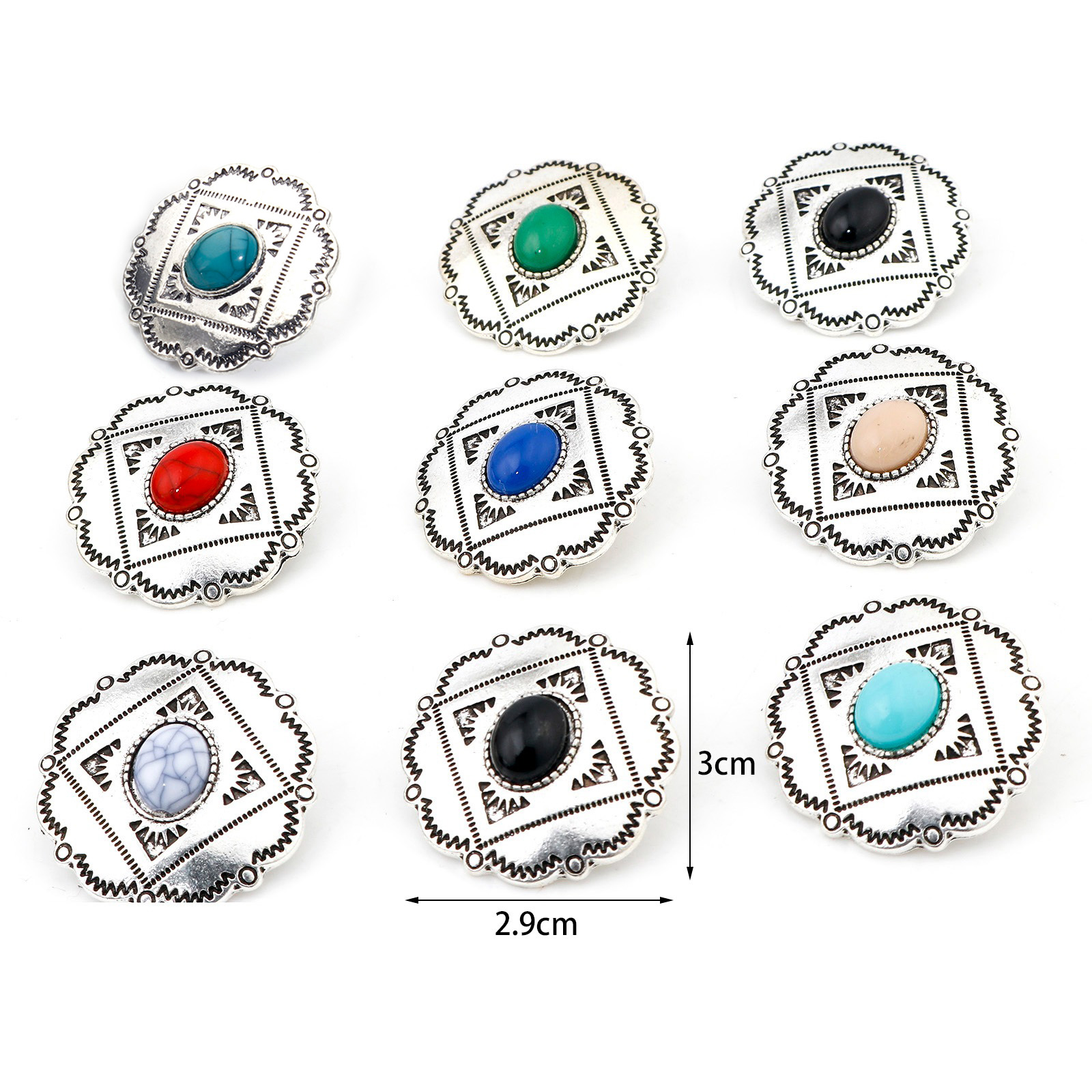 Picture of Zinc Based Alloy Boho Chic Bohemia Metal Sewing Shank Buttons Single Hole Antique Silver Color Multicolor Flower Carved Pattern With Resin Cabochons 3cm x 2.9cm