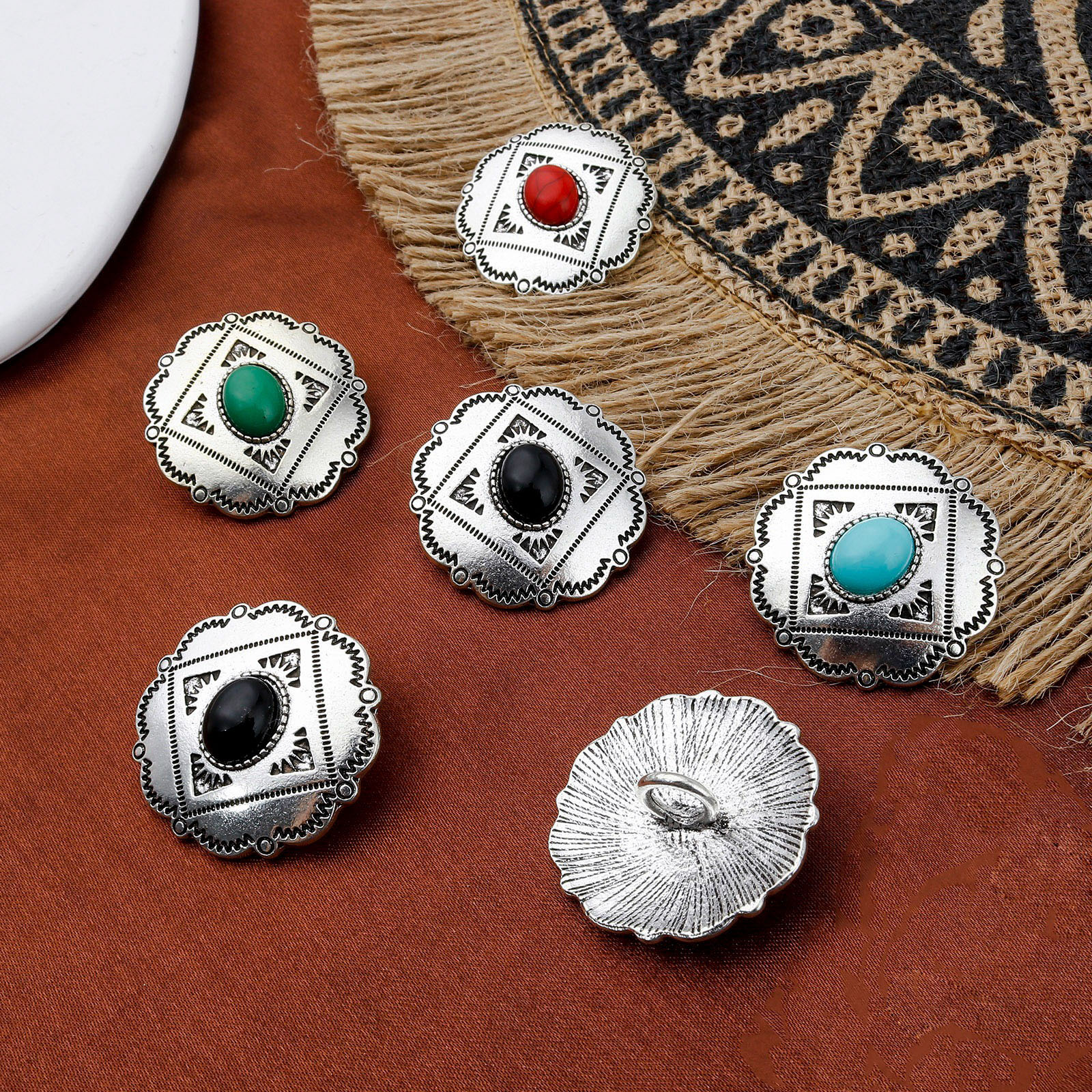 Picture of Zinc Based Alloy Boho Chic Bohemia Metal Sewing Shank Buttons Single Hole Antique Silver Color Multicolor Flower Carved Pattern With Resin Cabochons 3cm x 2.9cm