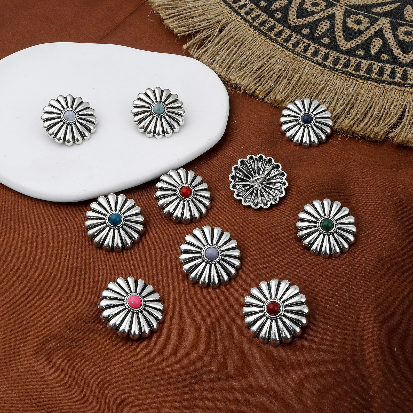 Image de Zinc Based Alloy Boho Chic Bohemia Metal Sewing Shank Buttons Buttons Single Hole Flower Leaves Antique Silver Color Multicolor With Resin Cabochons Imitation Turquoise 29mm x 29mm, 3 PCs