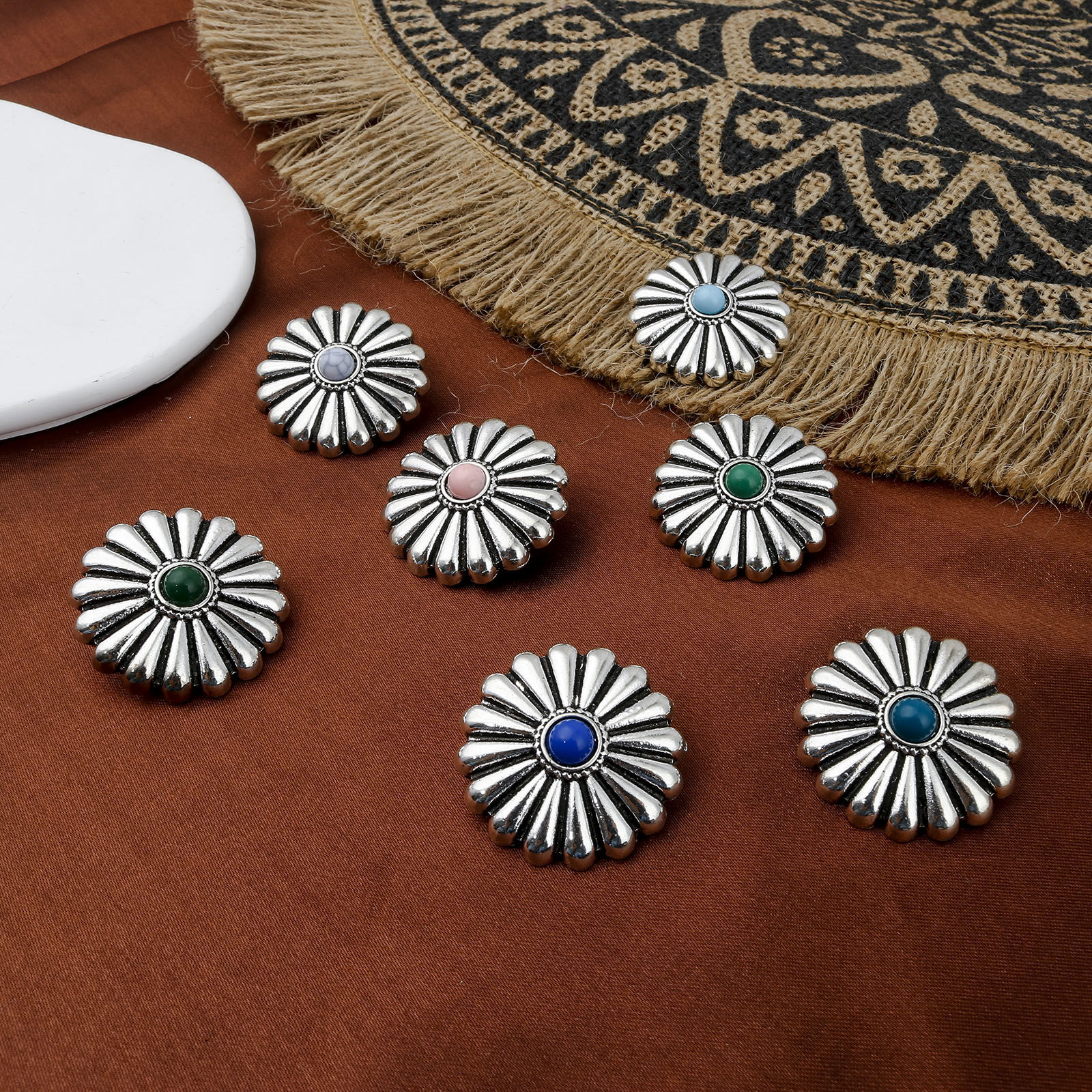 Image de Zinc Based Alloy Boho Chic Bohemia Metal Sewing Shank Buttons Buttons Single Hole Flower Leaves Antique Silver Color Multicolor With Resin Cabochons Imitation Turquoise 29mm x 29mm, 3 PCs