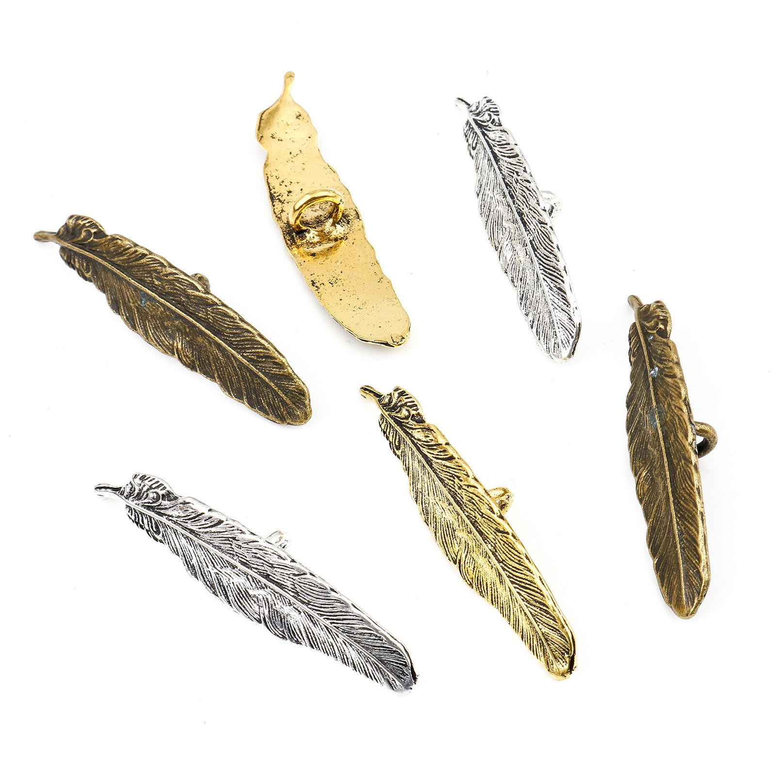 Bild von Zinklegierung Böhmischer Stil Metall Ösenknöpfe Einzeln Loch Bunt Feder 4.8cm x 1.1cm, 3 Stück