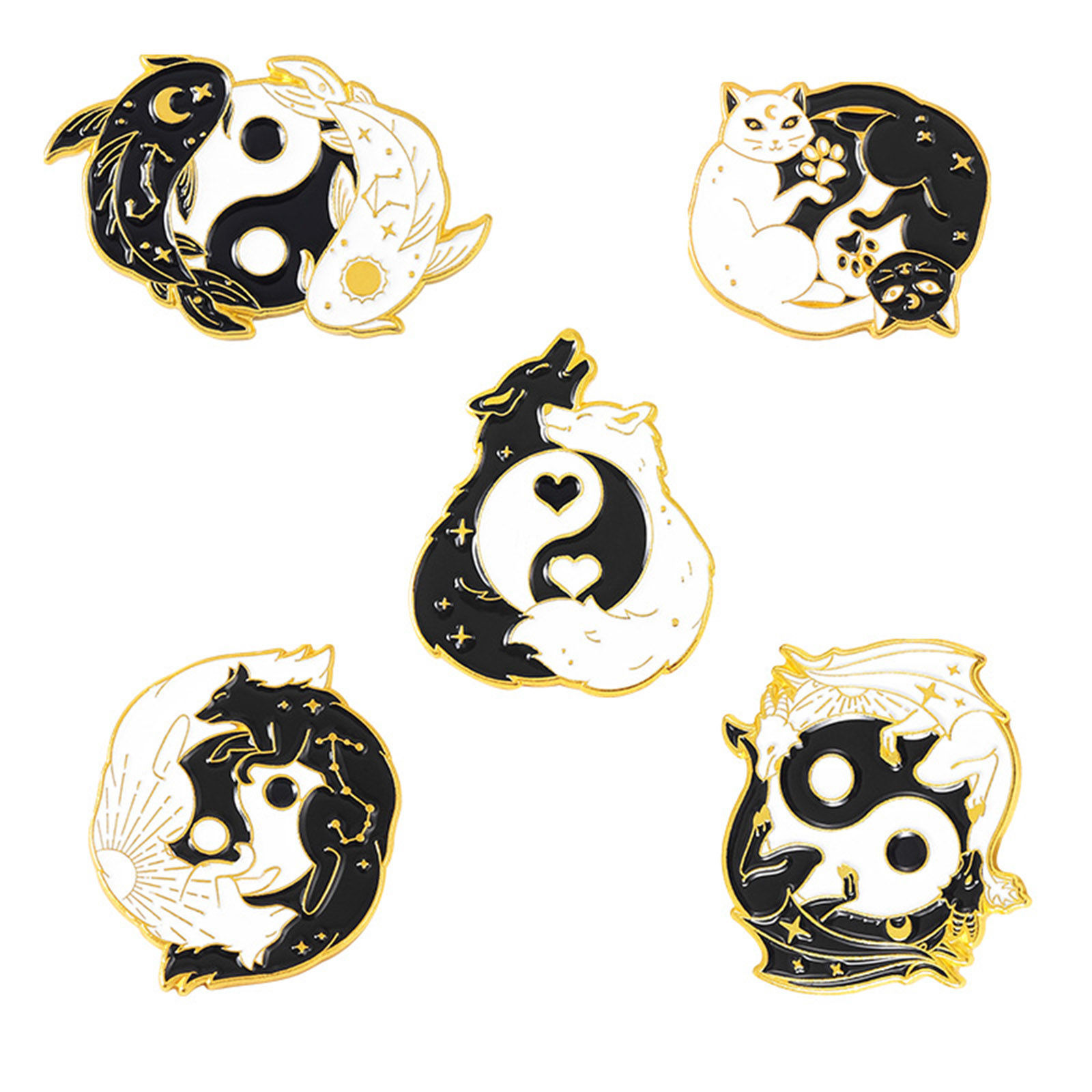 Picture of Religious Pin Brooches Animal Yin Yang Symbol Gold Plated Black & White Enamel