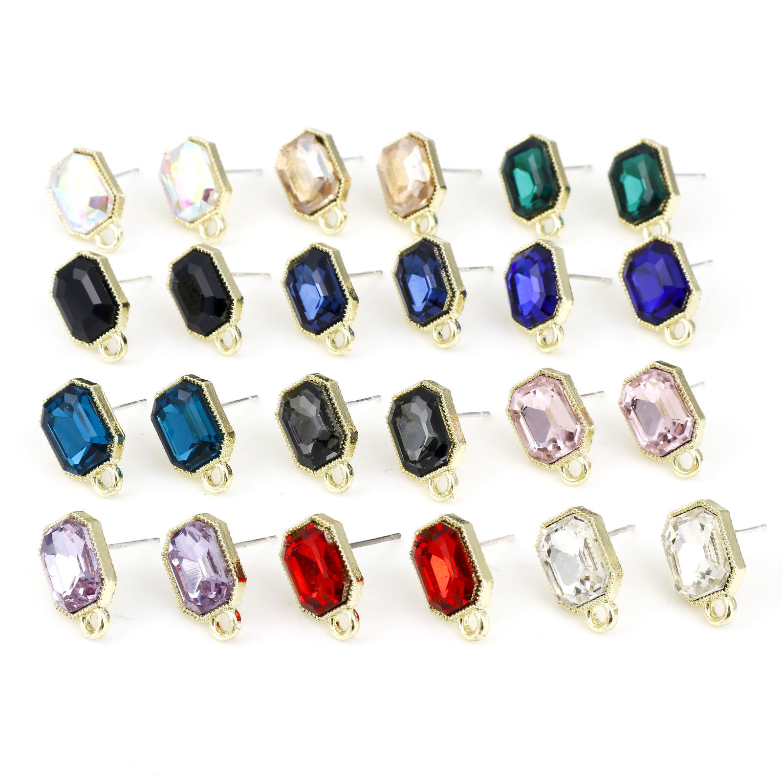 Picture of Zinc Based Alloy & Glass Geometry Series Ear Post Stud Earrings Findings Octagon Gold Plated Multicolor W/ Loop 15mm x 10mm, Post/ Wire Size: 0.7mm, 6 PCs