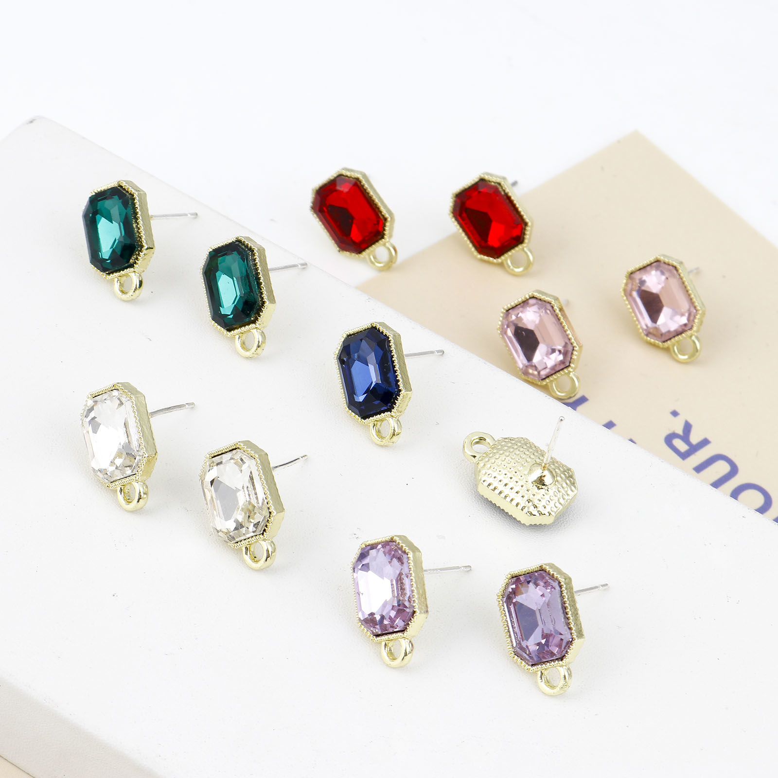 Picture of Zinc Based Alloy & Glass Geometry Series Ear Post Stud Earrings Findings Octagon Gold Plated Multicolor W/ Loop 15mm x 10mm, Post/ Wire Size: 0.7mm, 6 PCs