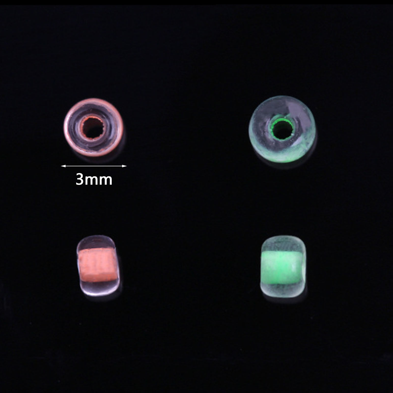 ガラスビーズ  シードビーズ 丸ビーズ 多色 色入れ 暗闇で輝く 3mm x 2mm、 穴:約0.8mm、 100 グラム の画像