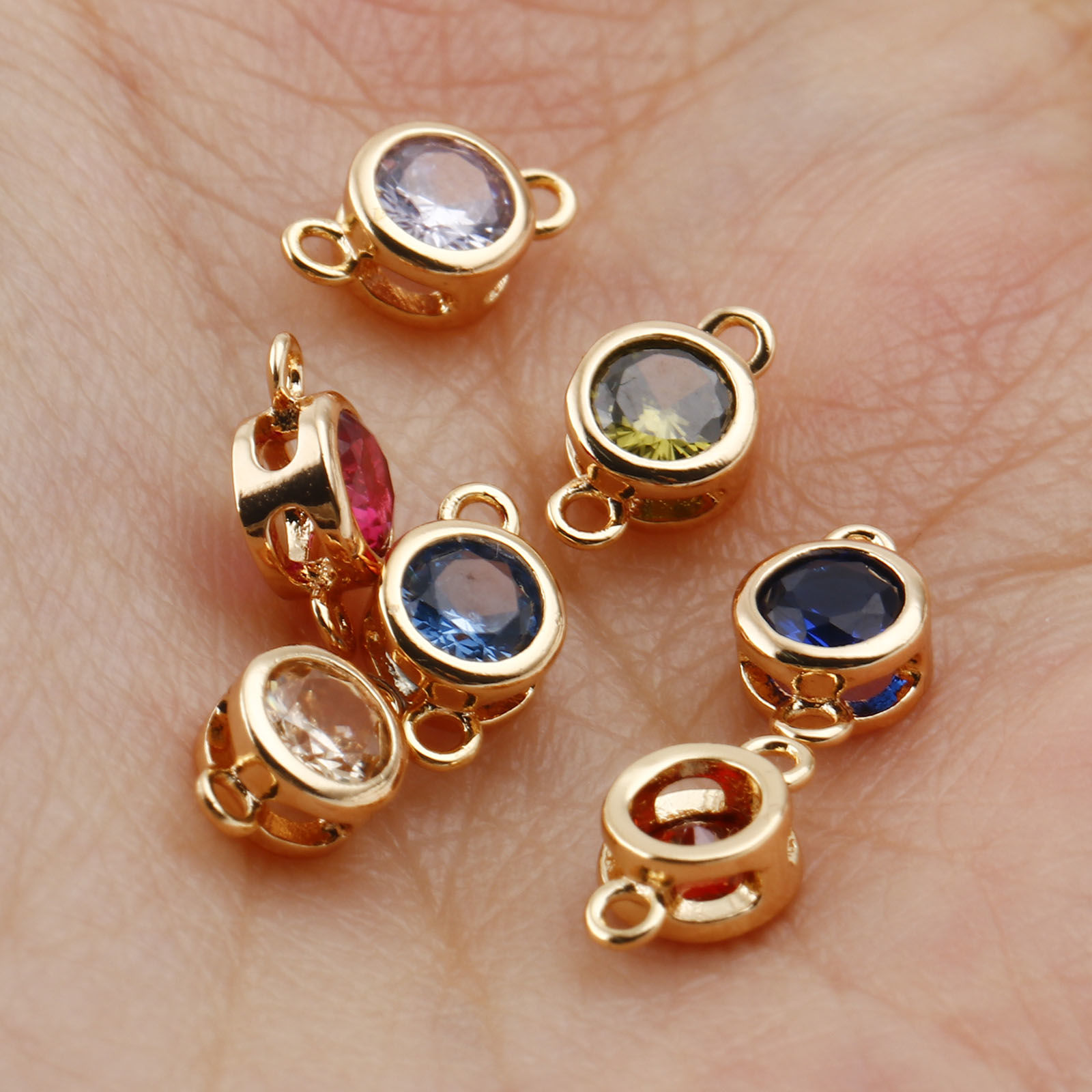 Picture of Copper Birthstone Connectors Real Gold Plated Round Multicolour Cubic Zirconia 9mm x 5mm, 2 PCs