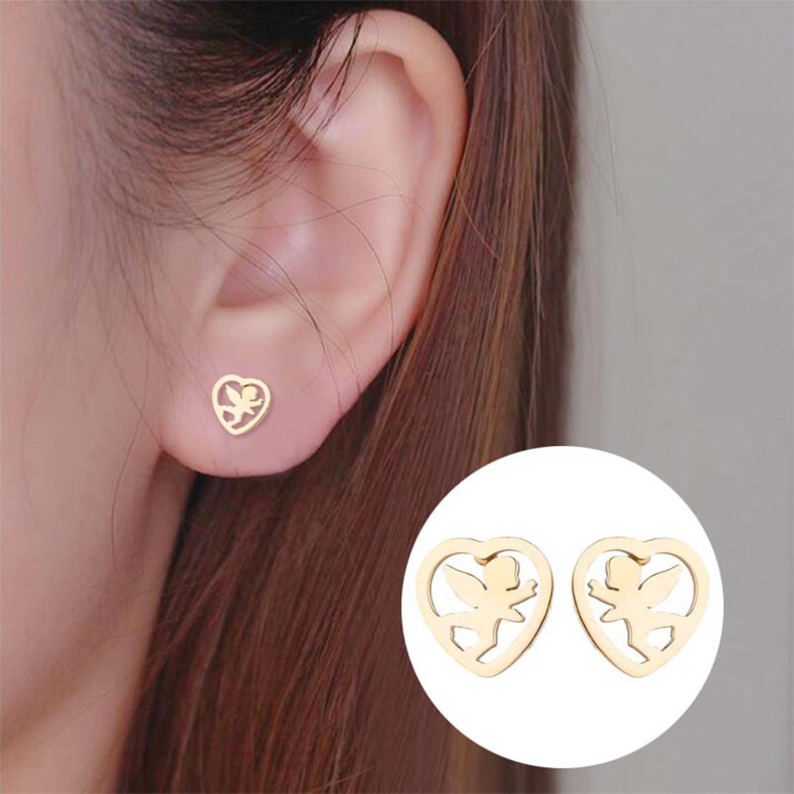 Immagine di Acciaio Inossidabile Elegante Orecchini a Perno Multicolore Cuore Angelo Filigrana 10mm x 9mm, Posta / Filo Dimensione: (18 misura), 4 Paia