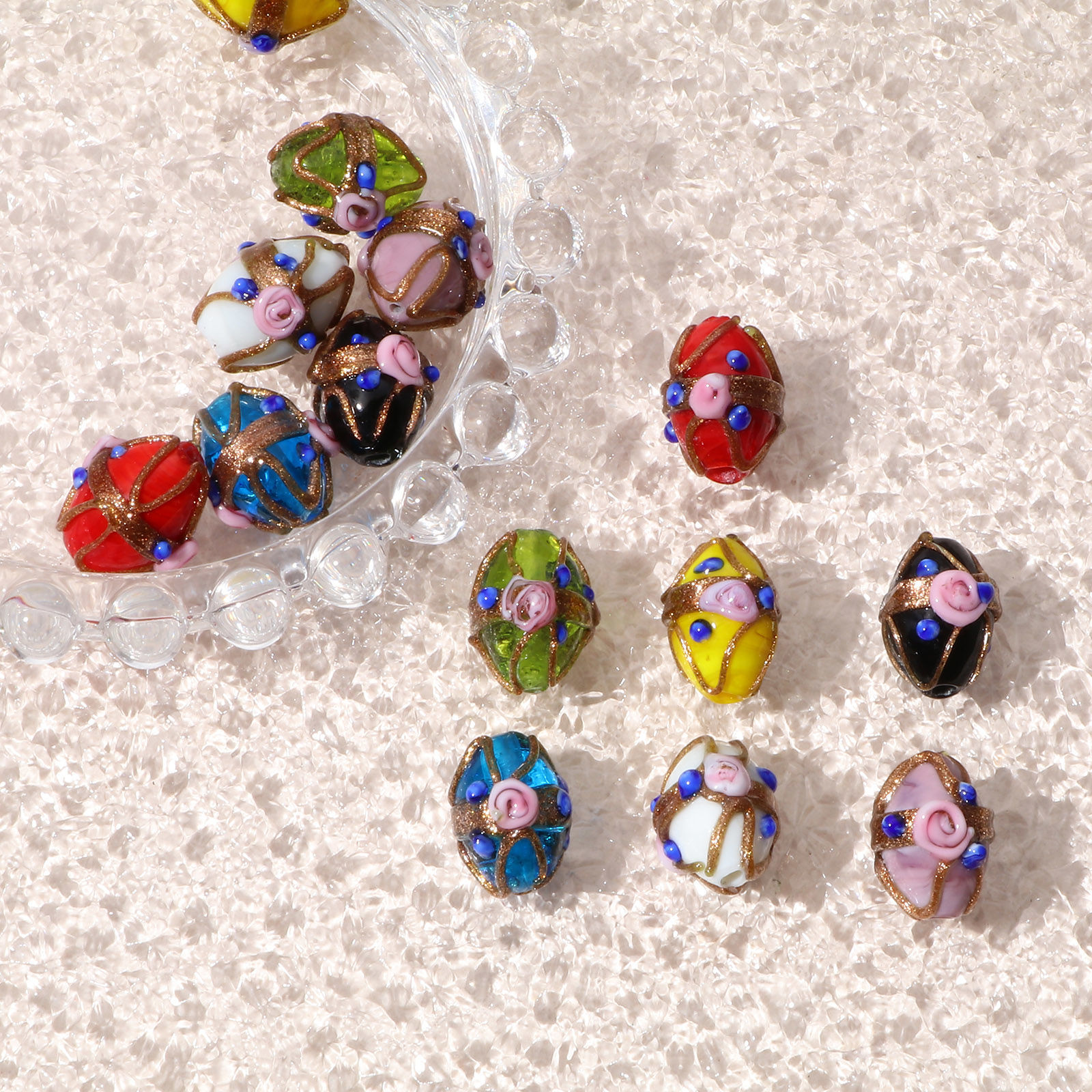 Bild von Muranoglas Perlen Oval Bunt Blumen ca 17mm x 13mm, Loch:ca. 1.8mm, 5 Stück