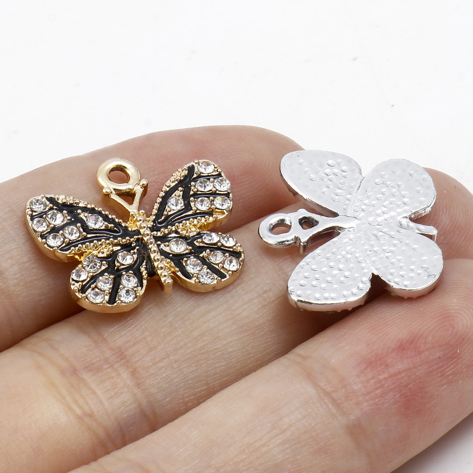 Picture of Zinc Based Alloy Micro Pave Charms Multicolor Black Butterfly Animal Enamel Clear Rhinestone 19mm x 17mm