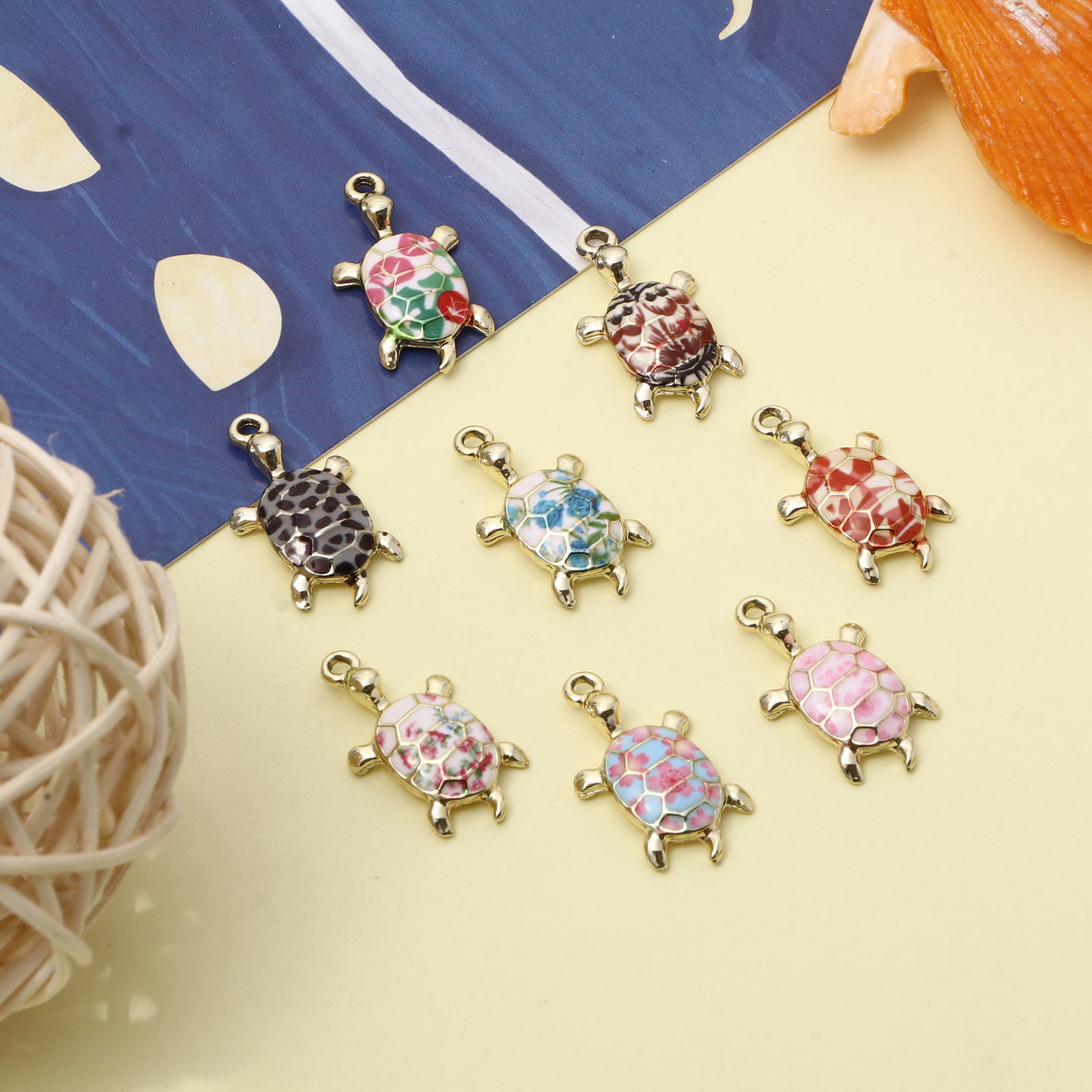 Picture of Zinc Based Alloy Ocean Jewelry Charms Gold Plated Multicolor Sea Turtle Animal Enamel 24mm x 14mm