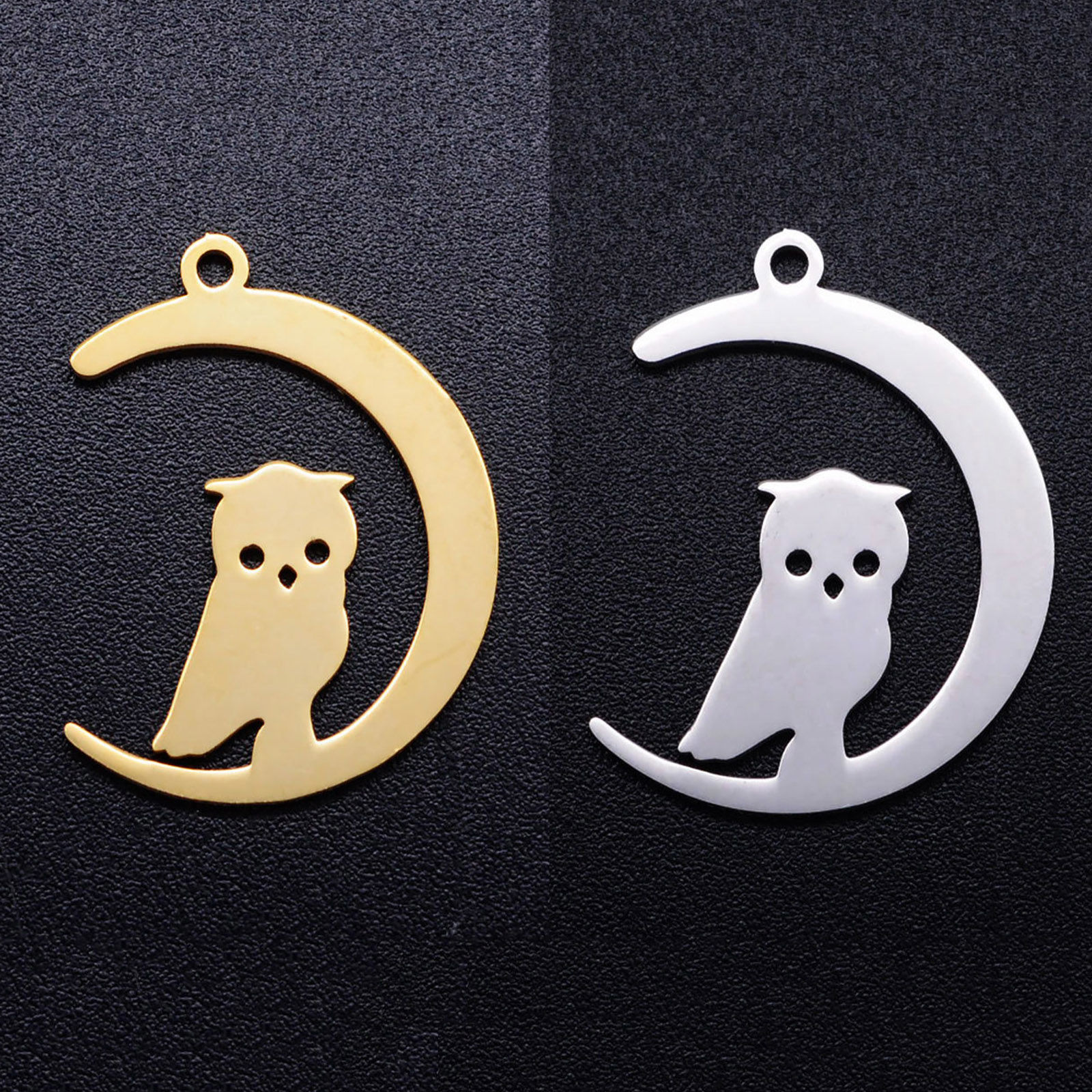 Stainless Steel Halloween Charms Multicolor Half Moon Owl 23.5mm x 17.5mm, 5 PCs の画像