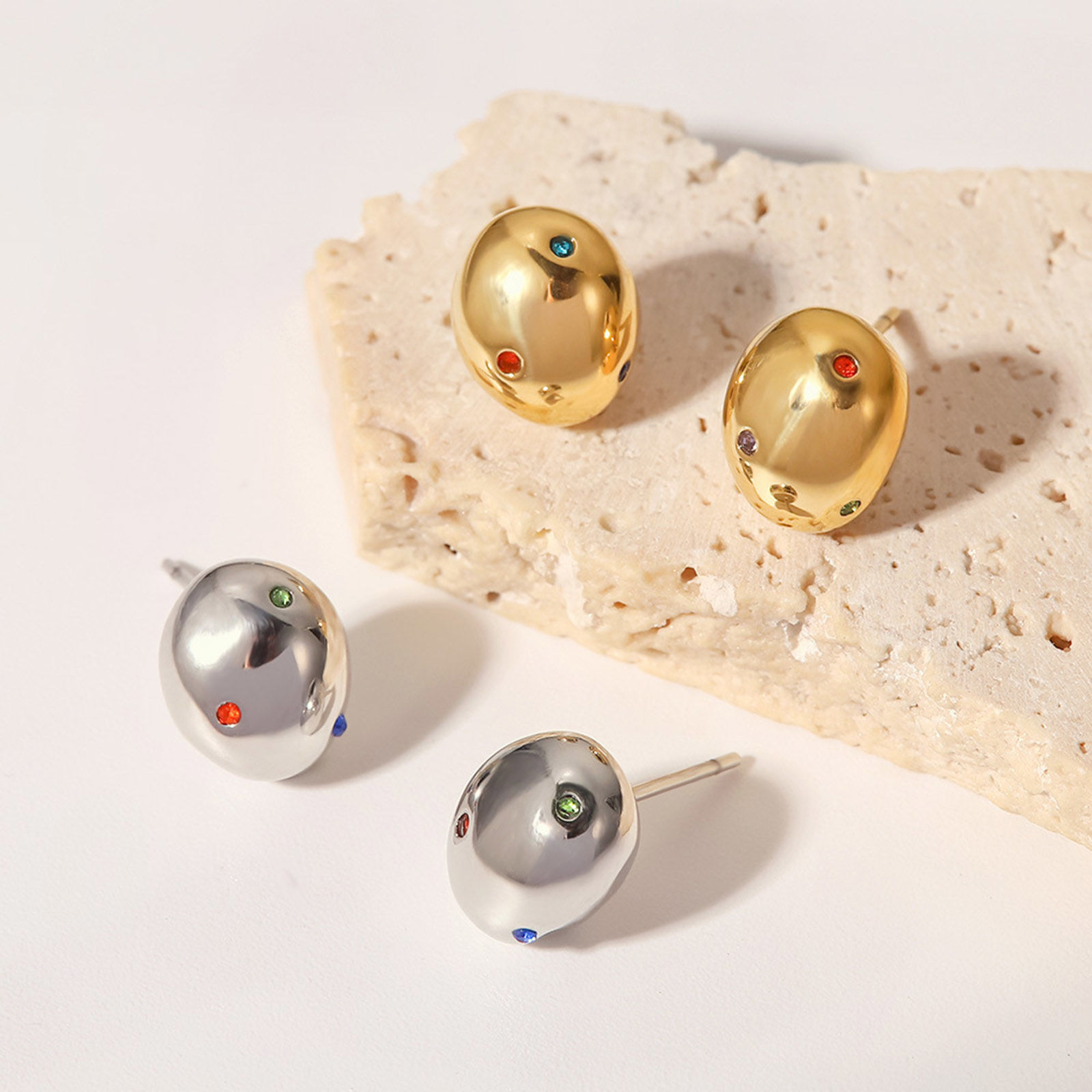 Immagine di 304 Acciaio Inossidabile Semplice Orecchini a Perno Ovale Multicolore Cubic Zirconiae 5mm x 4mm, 1 Paio