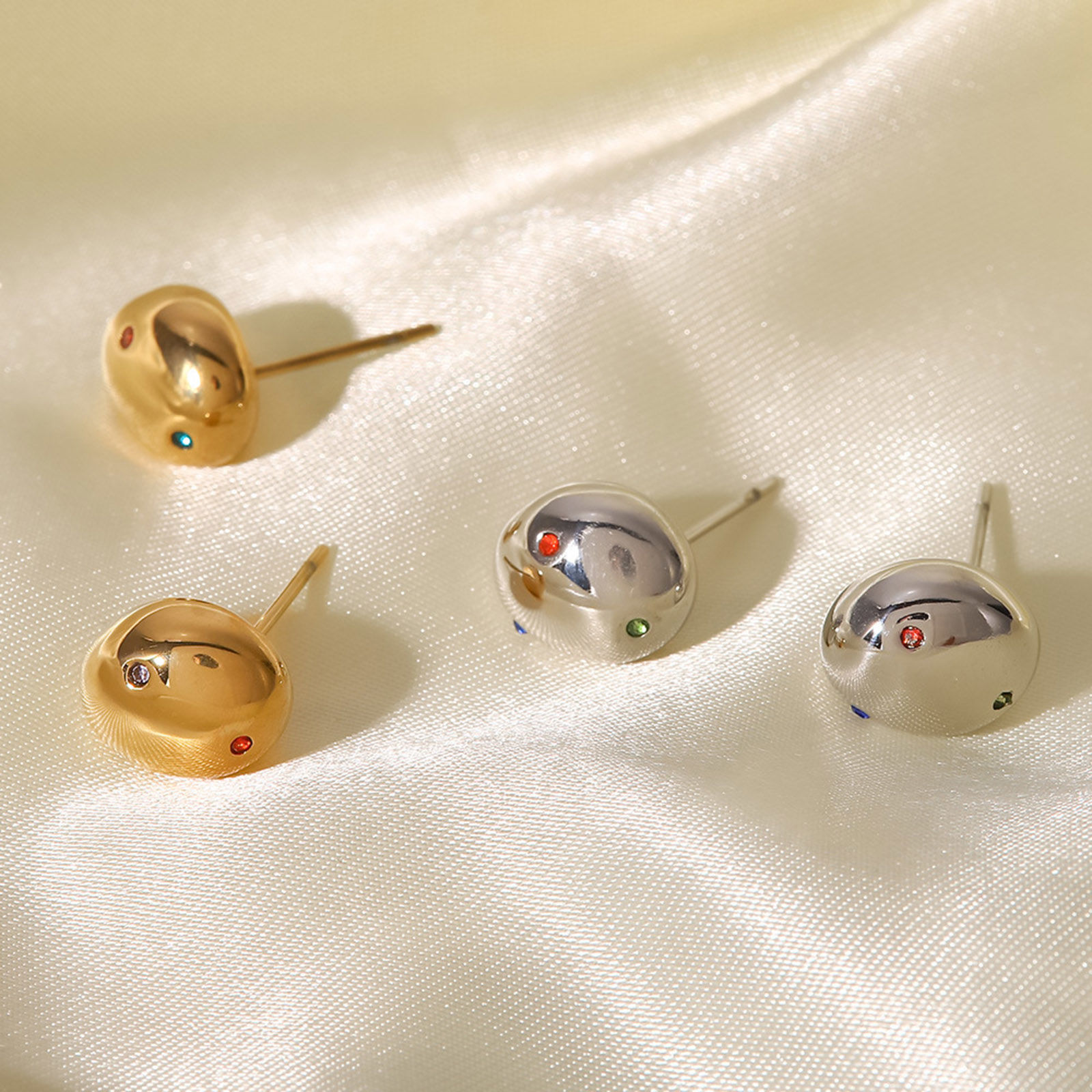 Immagine di 304 Acciaio Inossidabile Semplice Orecchini a Perno Ovale Multicolore Cubic Zirconiae 5mm x 4mm, 1 Paio