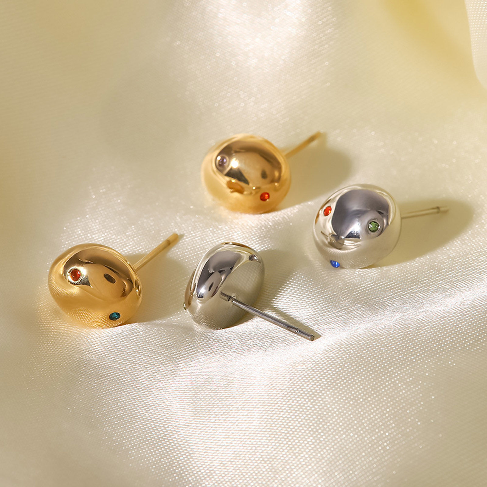Immagine di 304 Acciaio Inossidabile Semplice Orecchini a Perno Ovale Multicolore Cubic Zirconiae 5mm x 4mm, 1 Paio