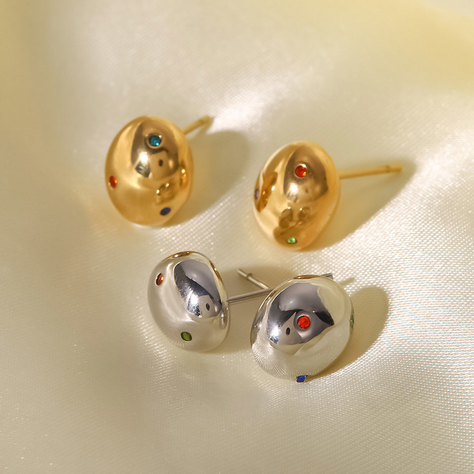 Immagine di 304 Acciaio Inossidabile Semplice Orecchini a Perno Ovale Multicolore Cubic Zirconiae 5mm x 4mm, 1 Paio