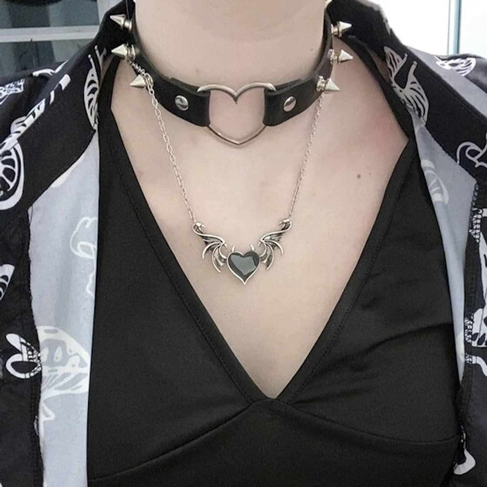 Imagen de Punk Collar con Colgante Tono de Plata Corazón Ala Esmalte 46cm longitud, 1 Unidad