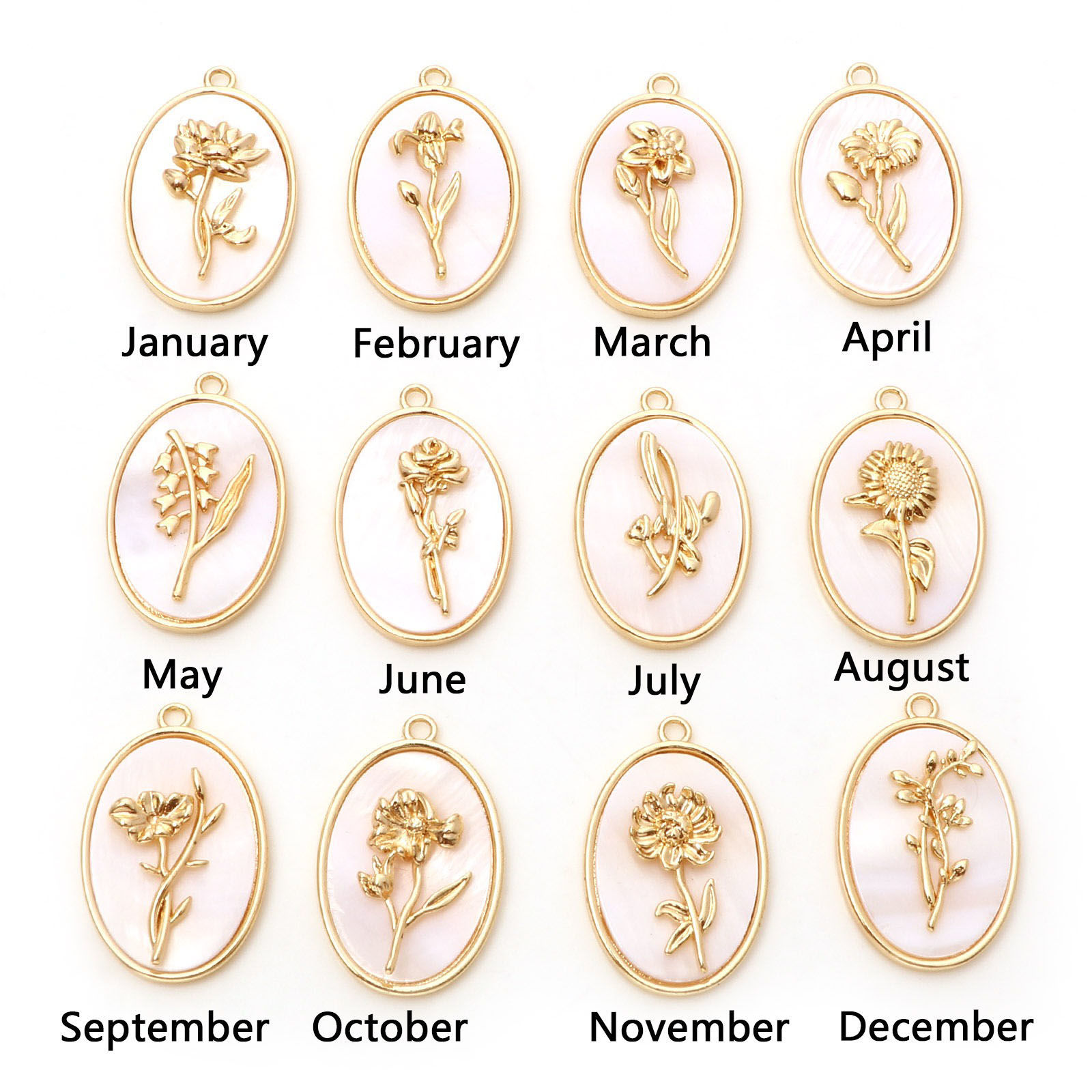 Immagine di Conchiglia + Rame Fiore del Mese di Nascita Charms Ovale Oro riempito Bianco 27mm x 18mm, 1 Pz