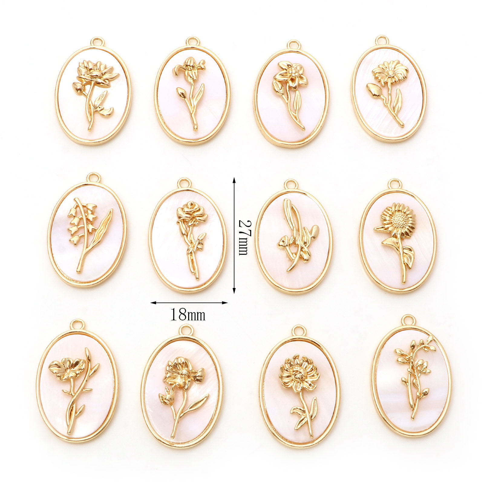 Immagine di Conchiglia + Rame Fiore del Mese di Nascita Charms Ovale Oro riempito Bianco 27mm x 18mm, 1 Pz