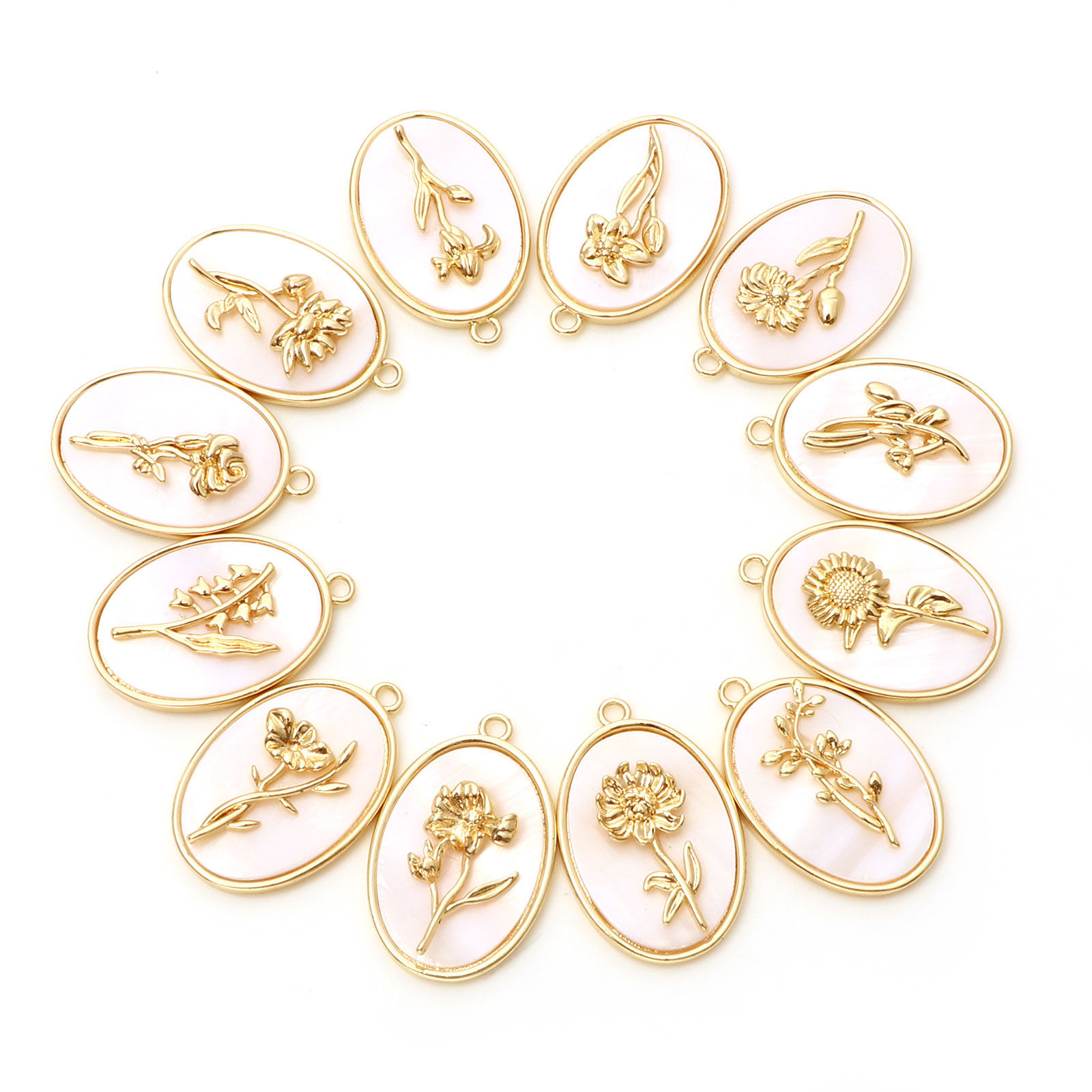 Immagine di Conchiglia + Rame Fiore del Mese di Nascita Charms Ovale Oro riempito Bianco 27mm x 18mm, 1 Pz