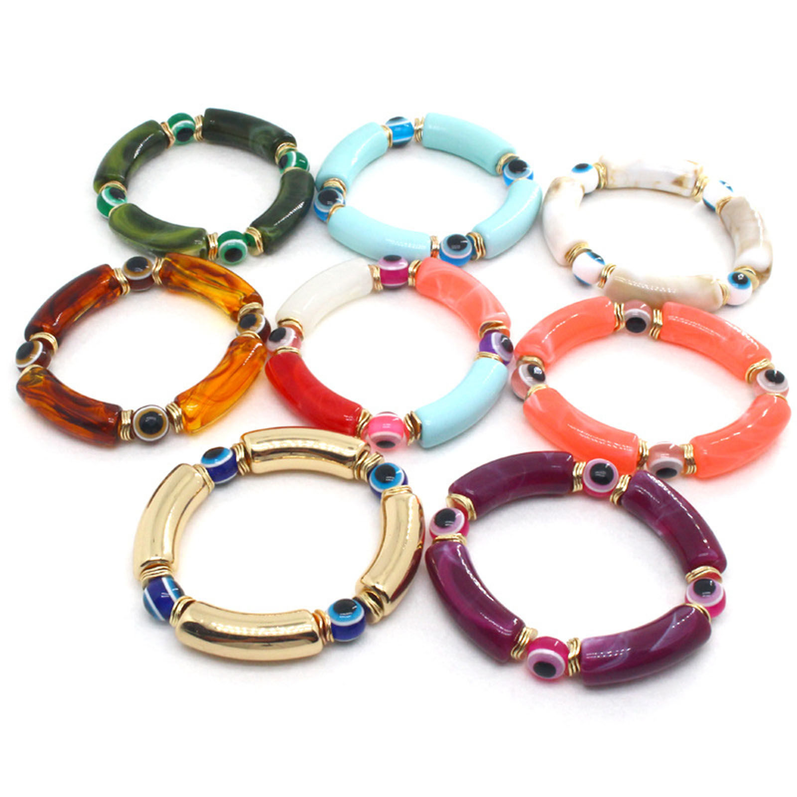 Imagen de Resina Religión Dainty Bracelets Delicate Bracelets Beaded Bracelet Multicolor Tubo Curvado Mal de ojo Mensaje " Elástico " 7cm Dia, 1 Unidad