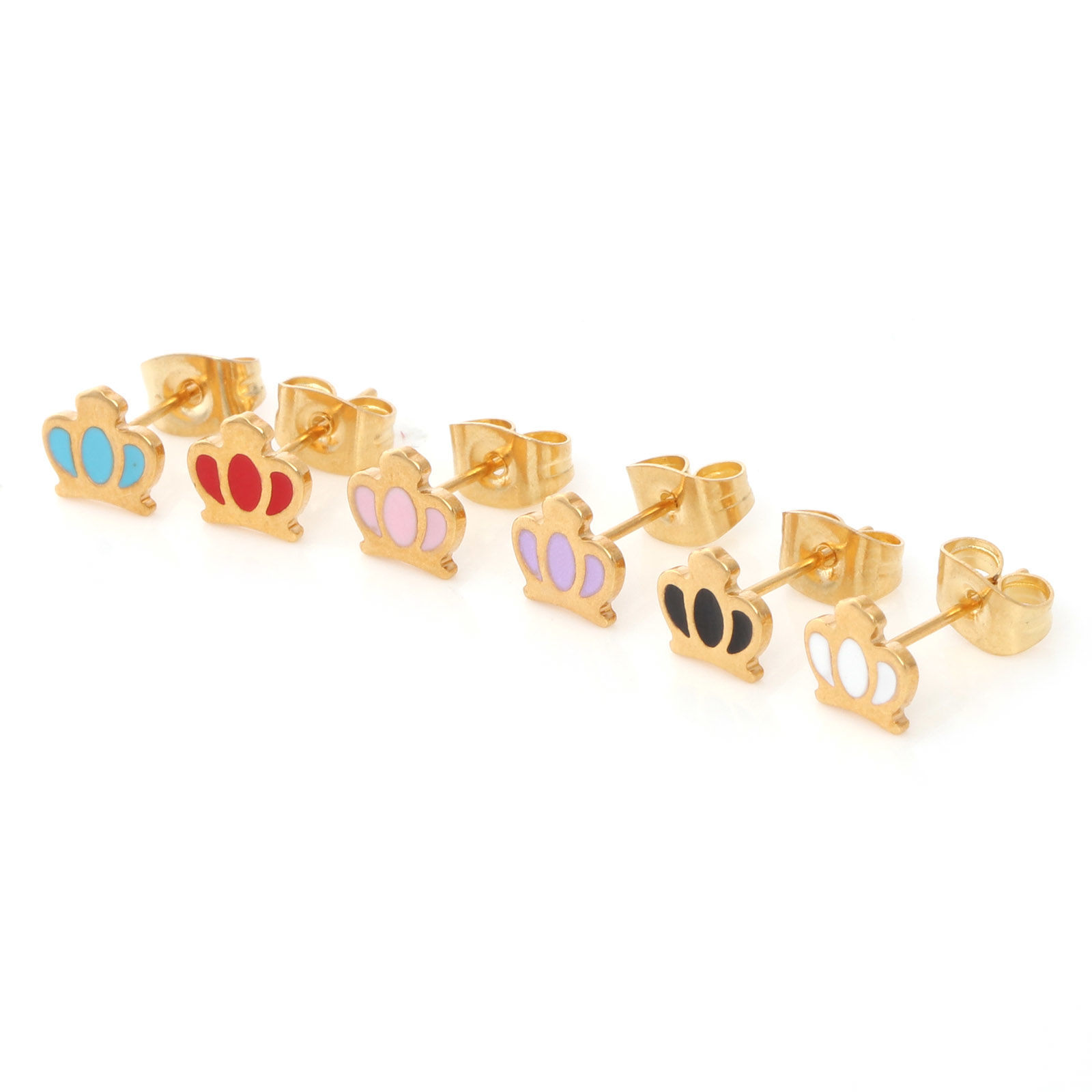 Picture of 316 Stainless Steel Stylish Ear Post Stud Earrings Gold Plated Multicolor Crown Enamel 6.4mm x 7mm